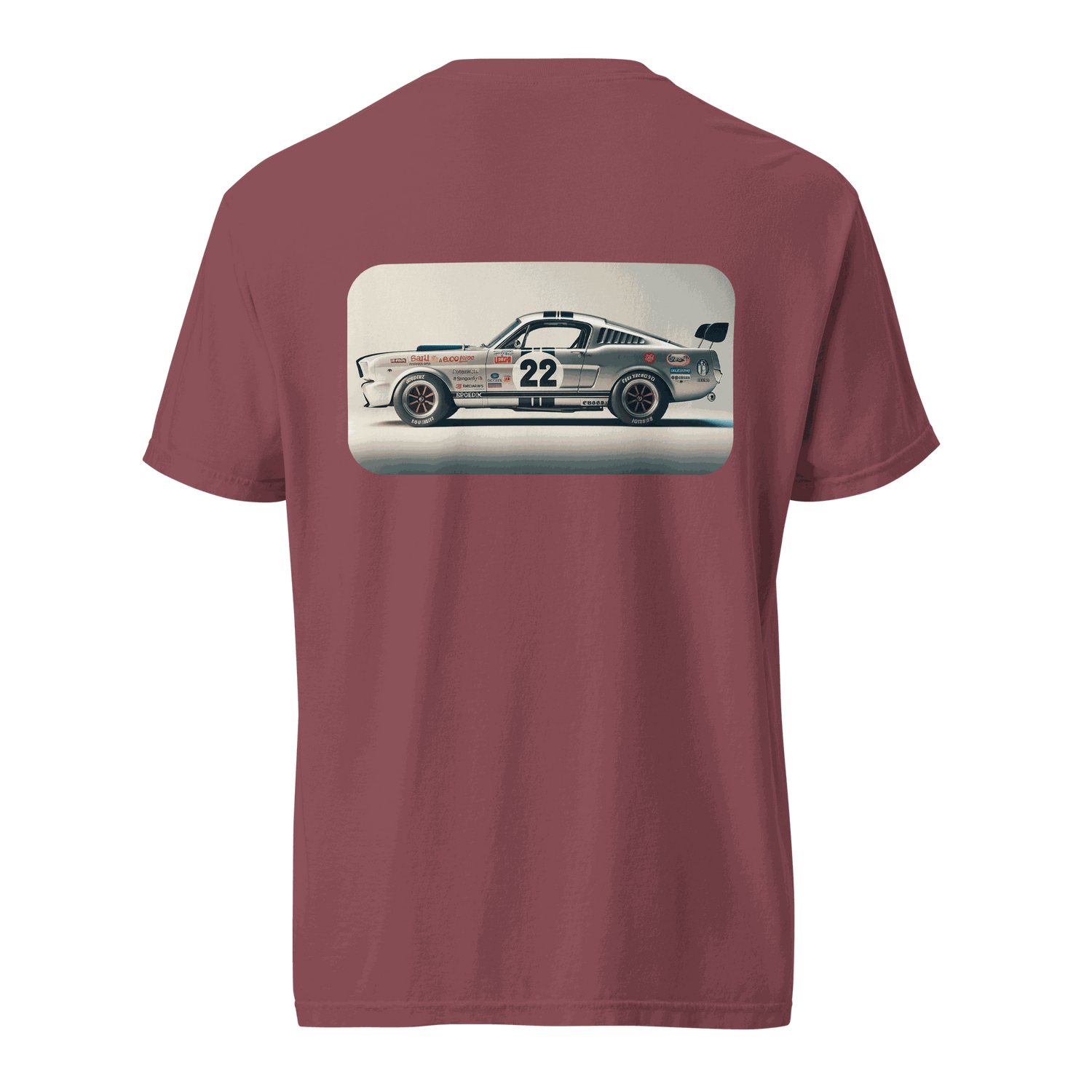 Heritage Mustang Back T-shirt with vintage race car graphic on back, maroon color, 100% ring-spun cotton, heavyweight and breathable fabric