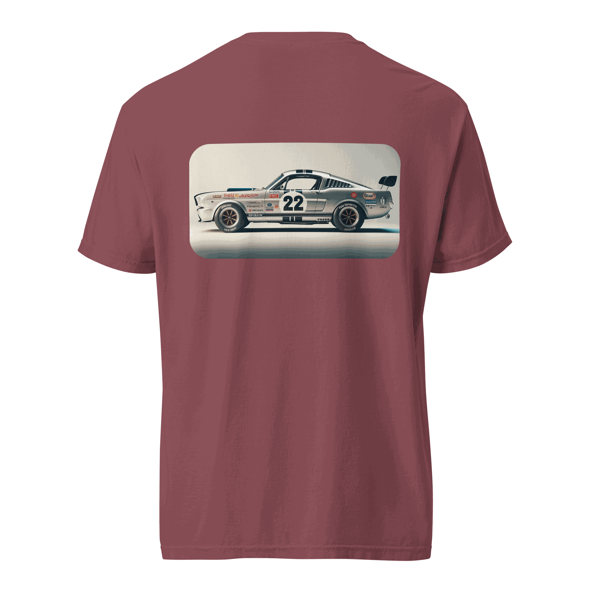 Heritage Mustang Back T-shirt with vintage race car graphic on back, maroon color, 100% ring-spun cotton, heavyweight and breathable fabric