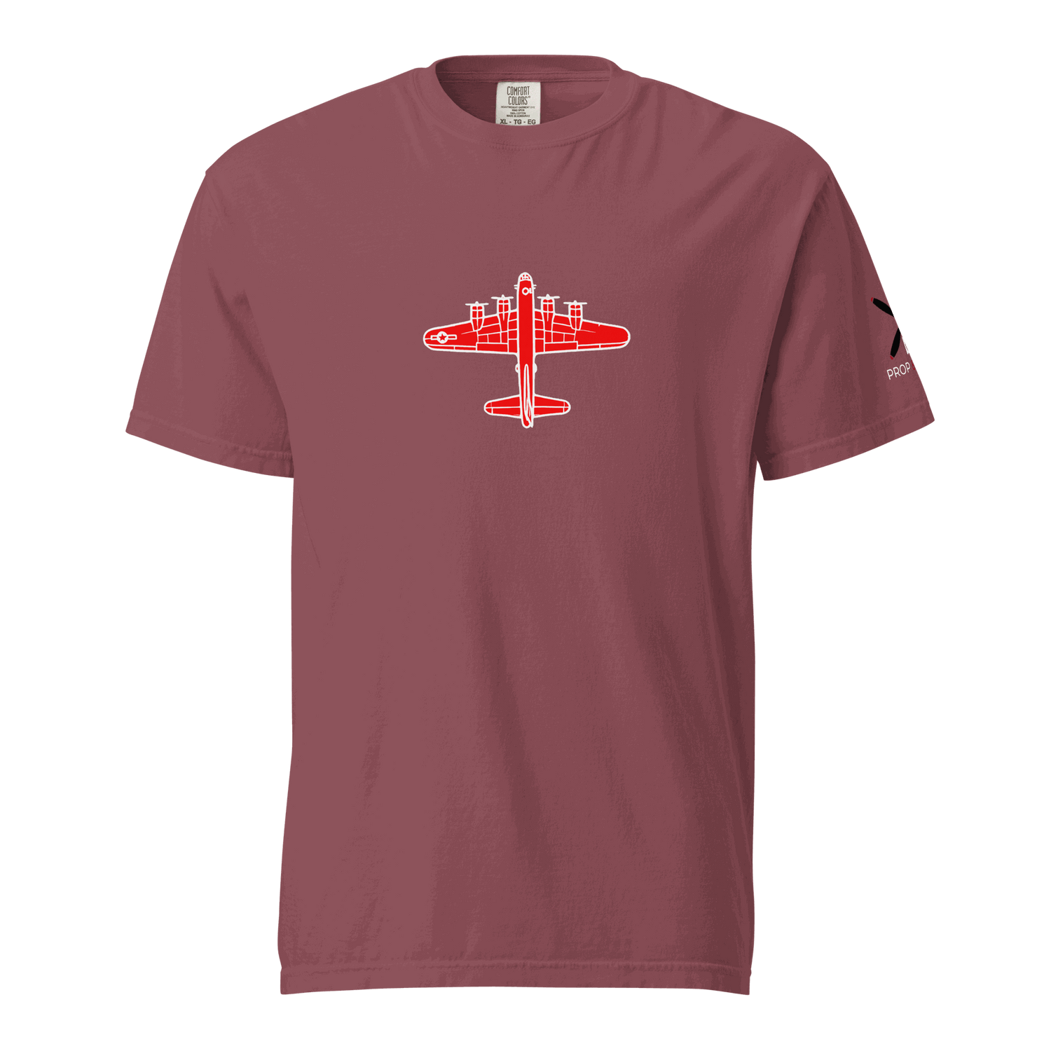 WW2 T-shirt Unisex thick structured tee with red airplane design on front and relaxed fit in maroon color