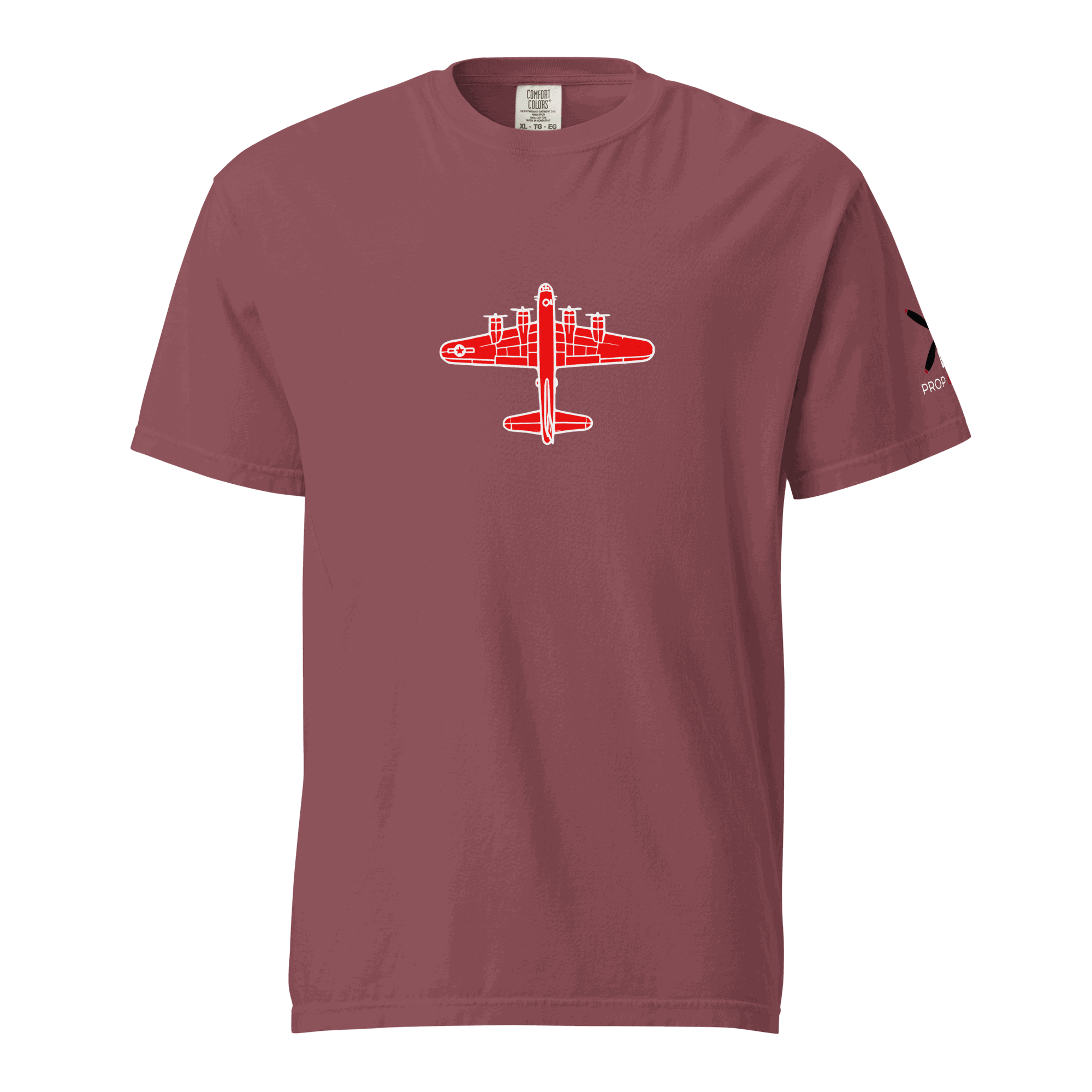 WW2 T-shirt Bomber in burgundy with red WWII bomber plane graphic, made of 100% ring-spun cotton, soft and breathable unisex tee