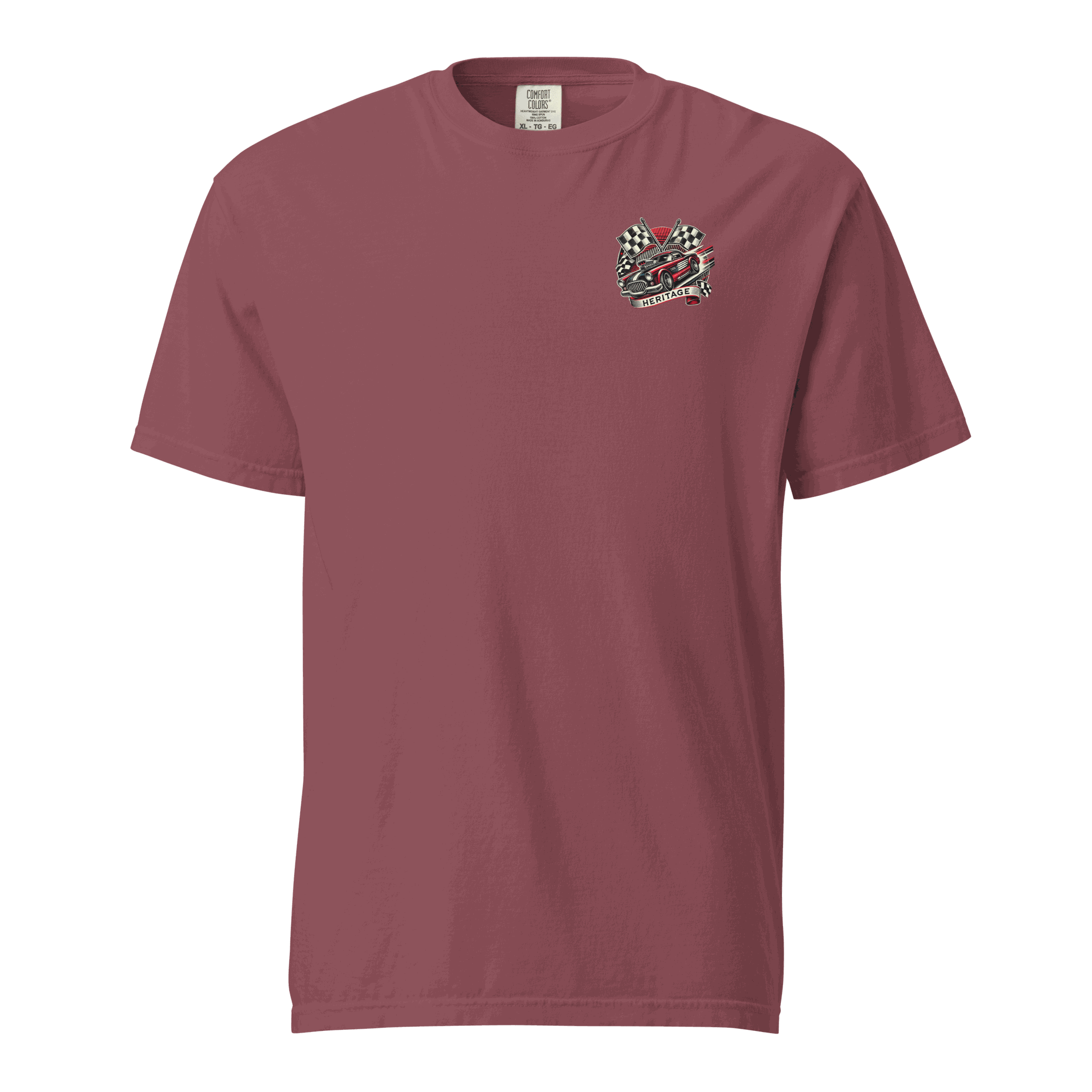 Heritage Classic Car unisex heavyweight maroon t-shirt with vintage car graphic and checkered flags