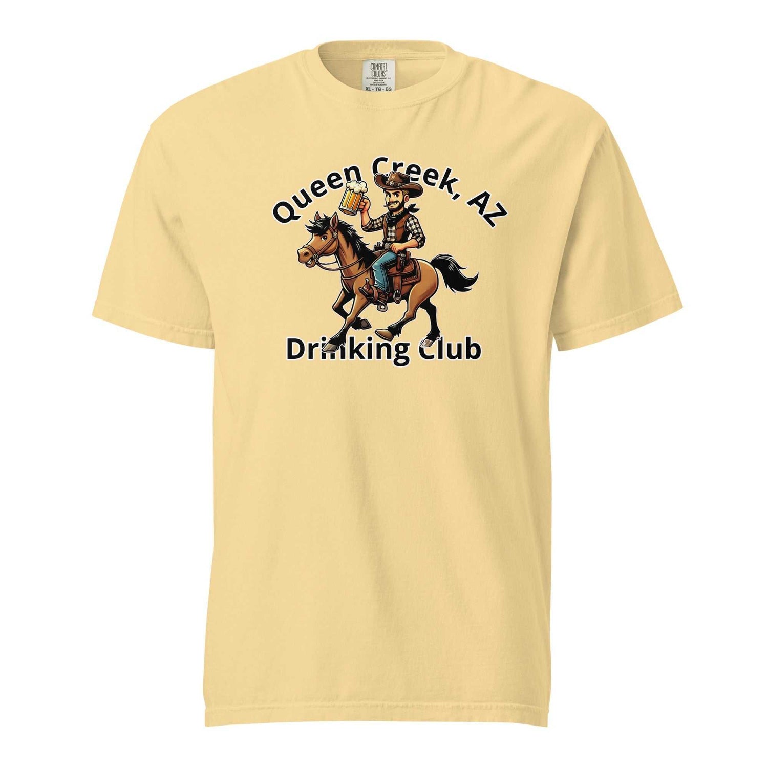 Queen Creek AZ Cowboy Drinking Club heavyweight unisex t-shirt with cowboy on horse design