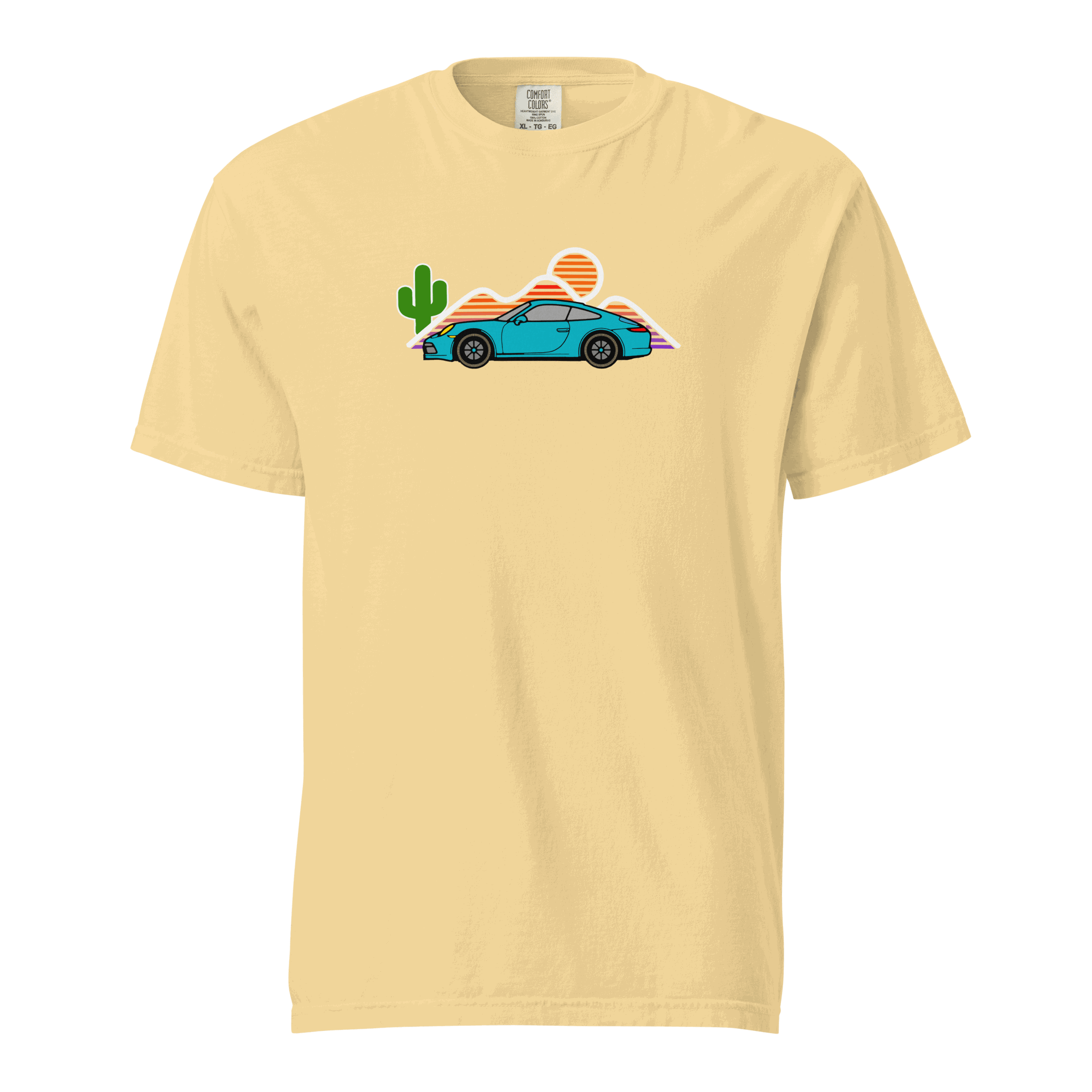 Yellow t-shirt with blue sports car and sunset desert graphic design Sports car sunset theme