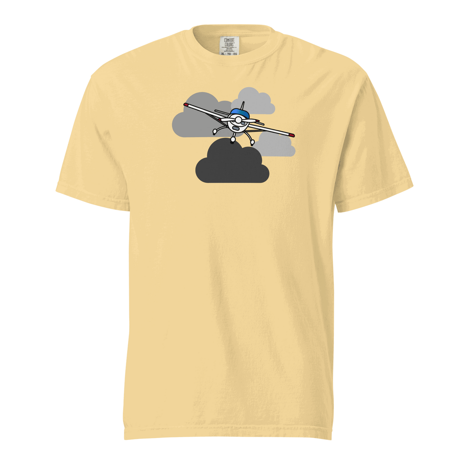 Vintage airplane t-shirt with prop plane graphic flying through clouds on beige unisex cotton tee