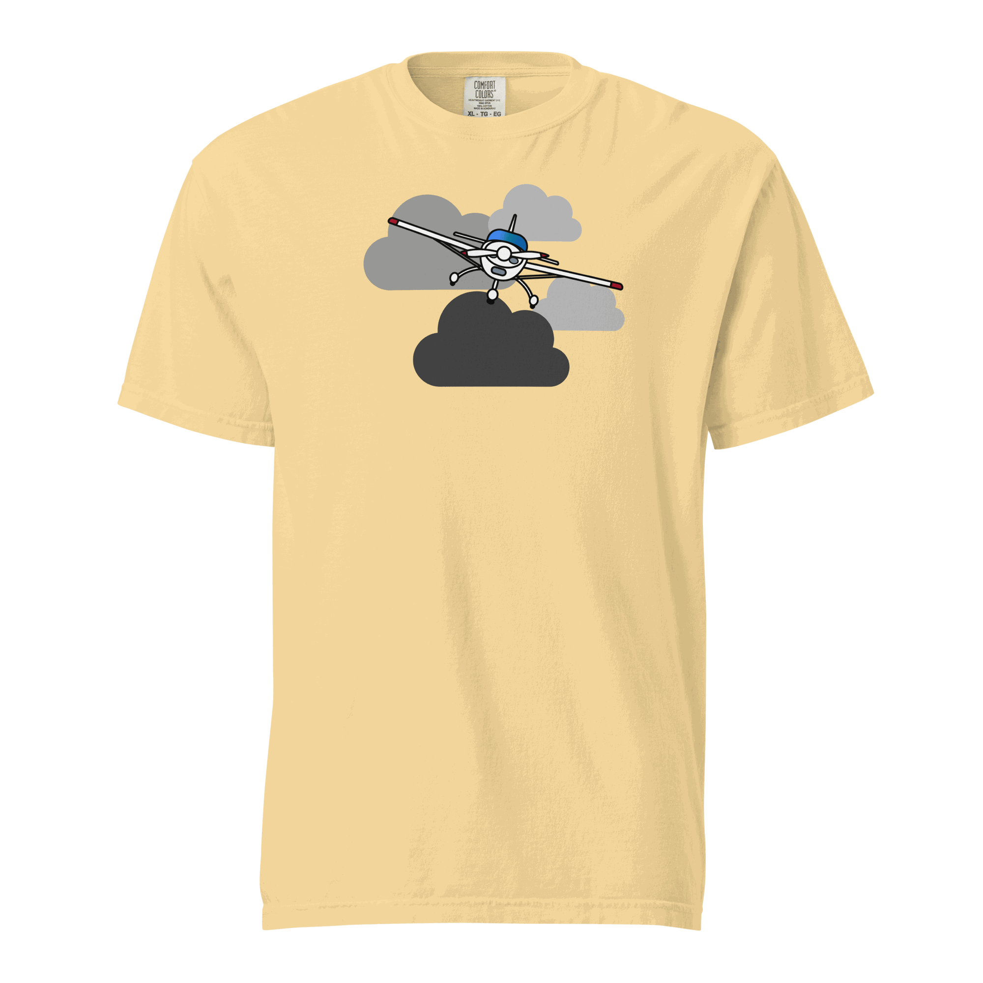 Vintage airplane t-shirt with prop plane graphic flying through clouds on beige unisex cotton tee