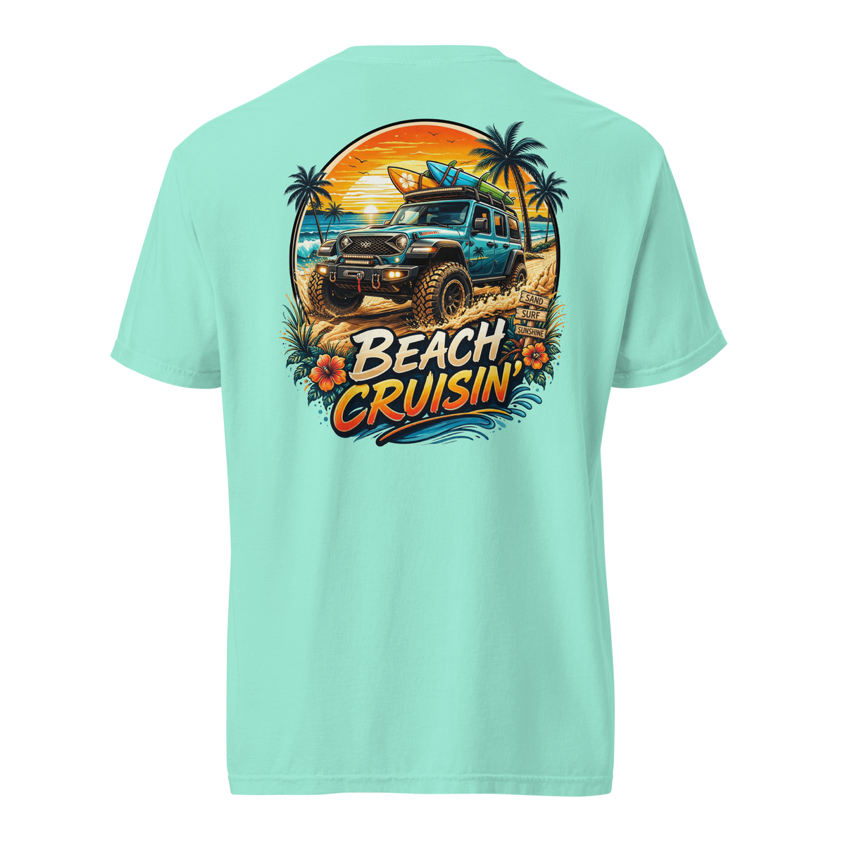 Unisex beach cruisin t-shirt featuring a vibrant graphic of a truck and palm trees, perfect for beach lovers.