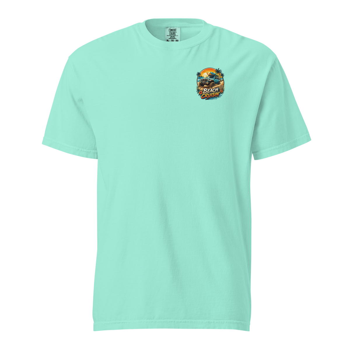 Unisex beach cruisin t-shirt in mint green with a vibrant beach graphic design on the front.