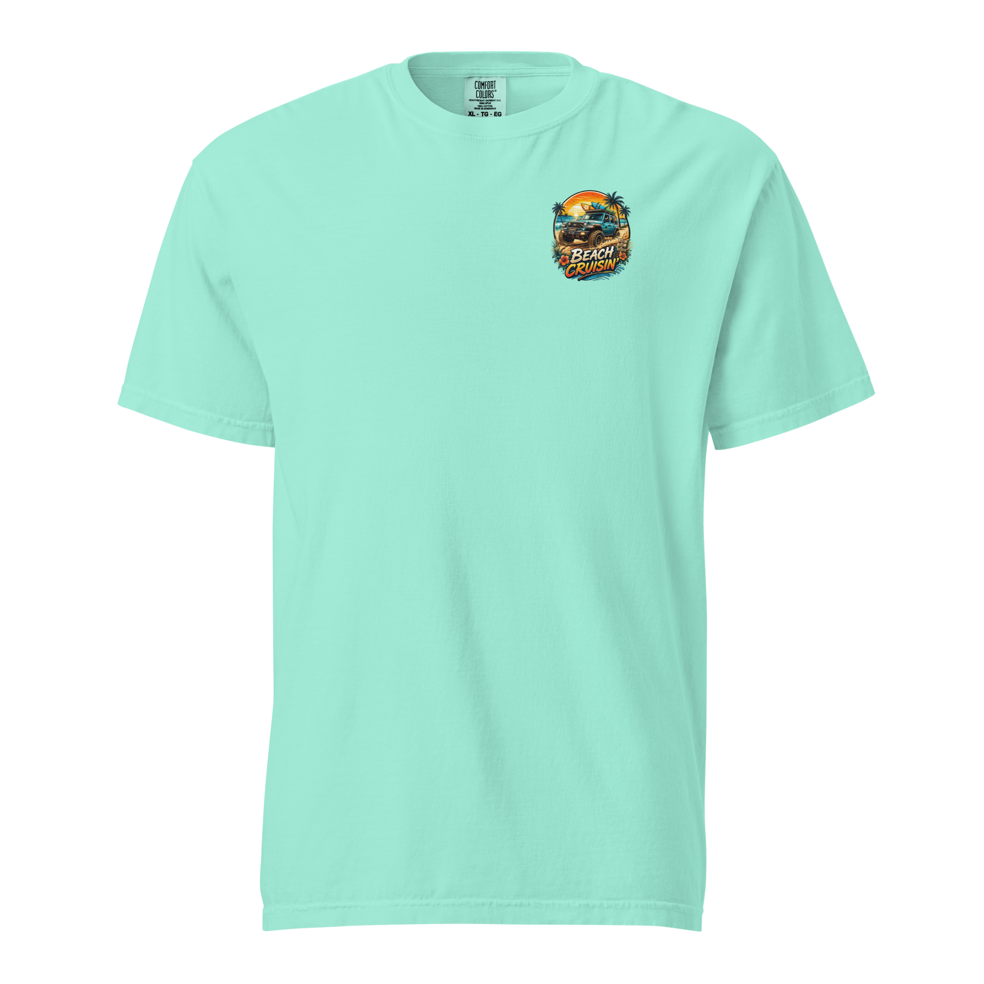 Unisex beach cruisin t-shirt in mint green with a vibrant beach graphic design on the front.