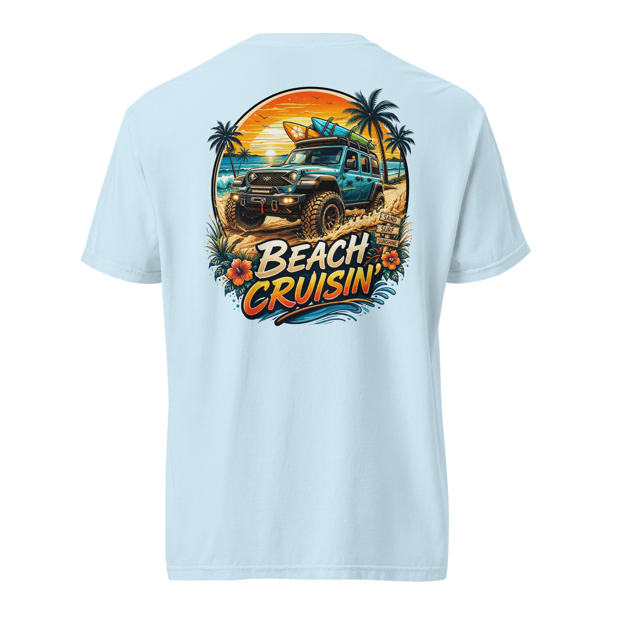 Back view of a light blue unisex beach cruisin t-shirt featuring a colorful graphic of a truck and surfboards.