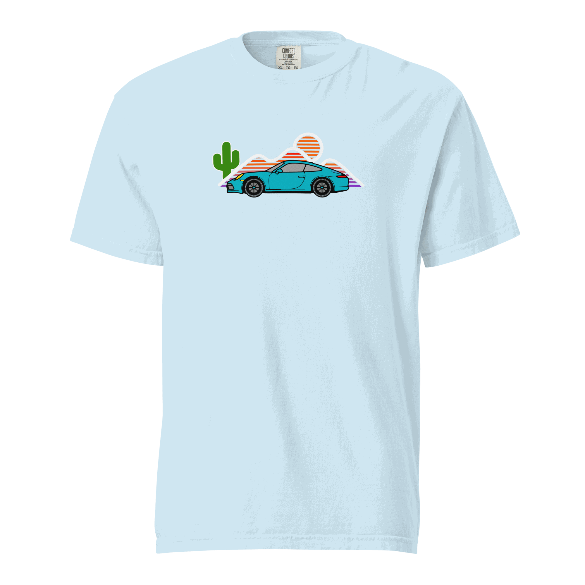Sports car sunset graphic on a soft t-shirt with vintage car and warm sunset colors