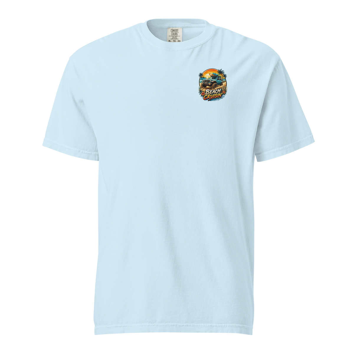 Unisex beach cruisin t-shirt in light blue with colorful beach-themed graphic.
