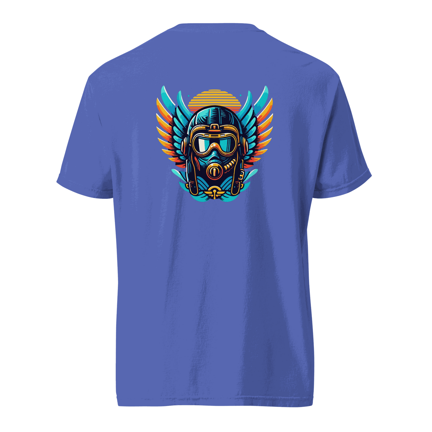 Blue t-shirt with blue and orange flight helmet graphic and wing design on back