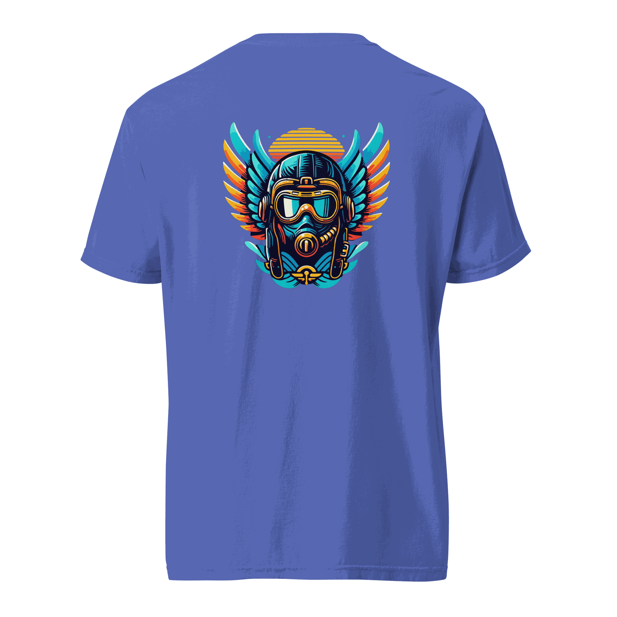 Blue t-shirt with blue and orange flight helmet graphic and wing design on back