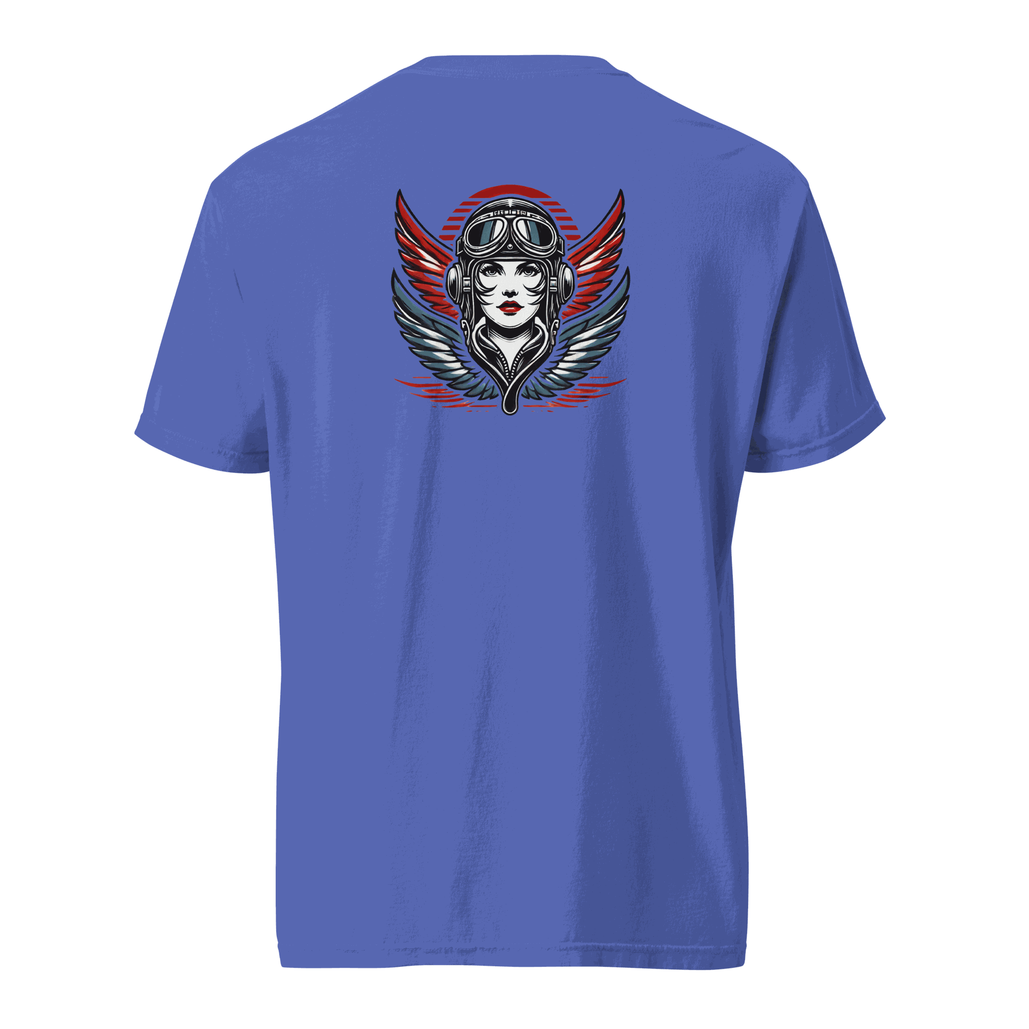 Blue heavyweight cotton t-shirt with female wings helmet graphic on back
