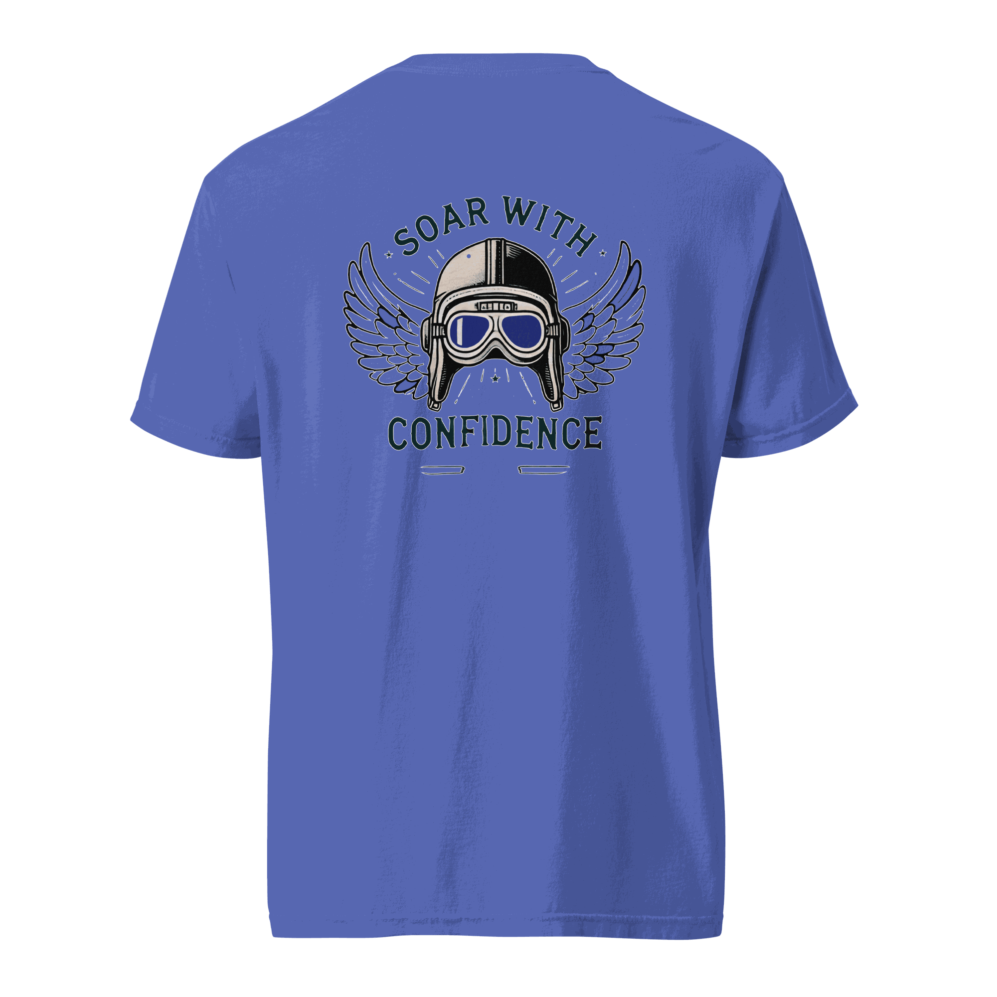 Blue Flying Machine t-shirt with aviator helmet and goggles graphic and "Soar With Confidence" text