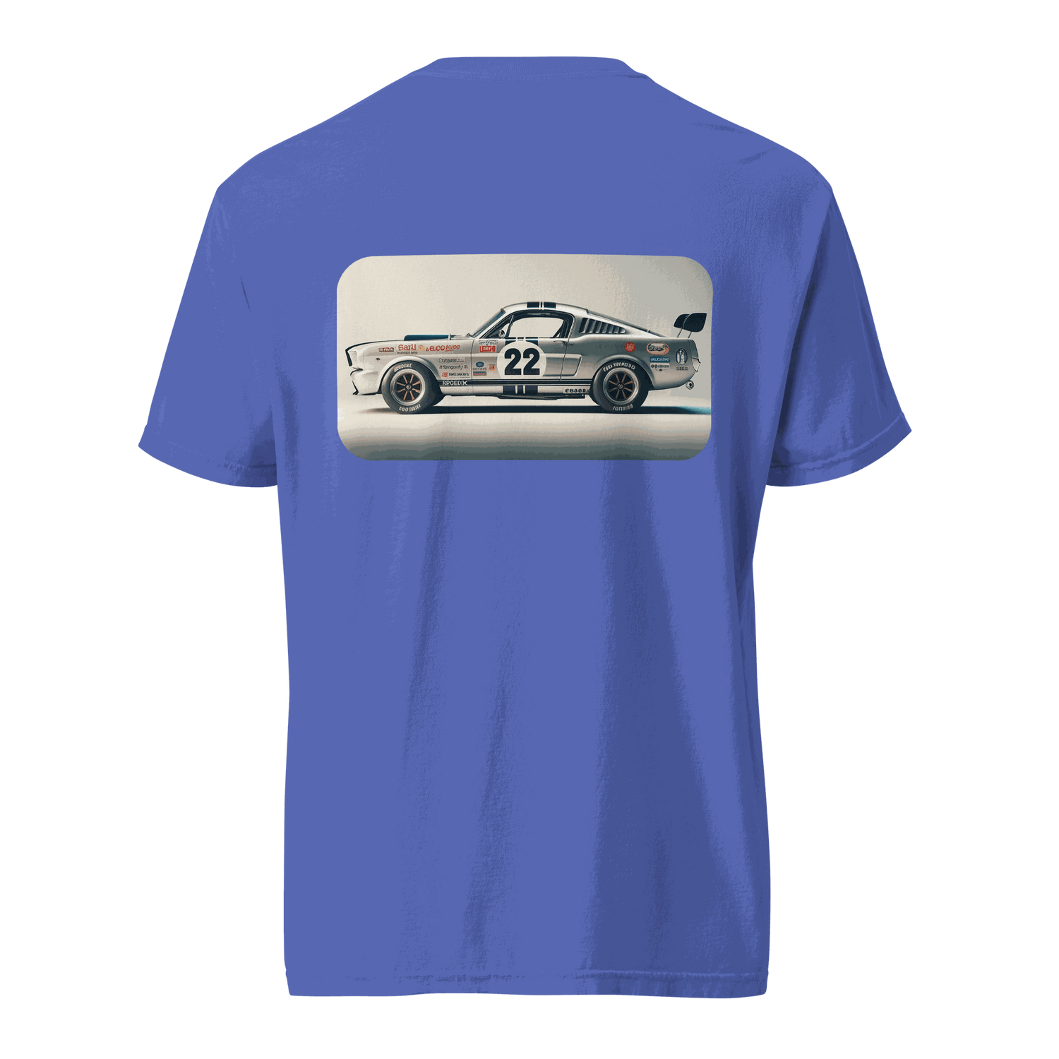 Blue Heritage Mustang Back T-Shirt with vintage race car print on back, 100% ring-spun cotton, heavyweight and breathable