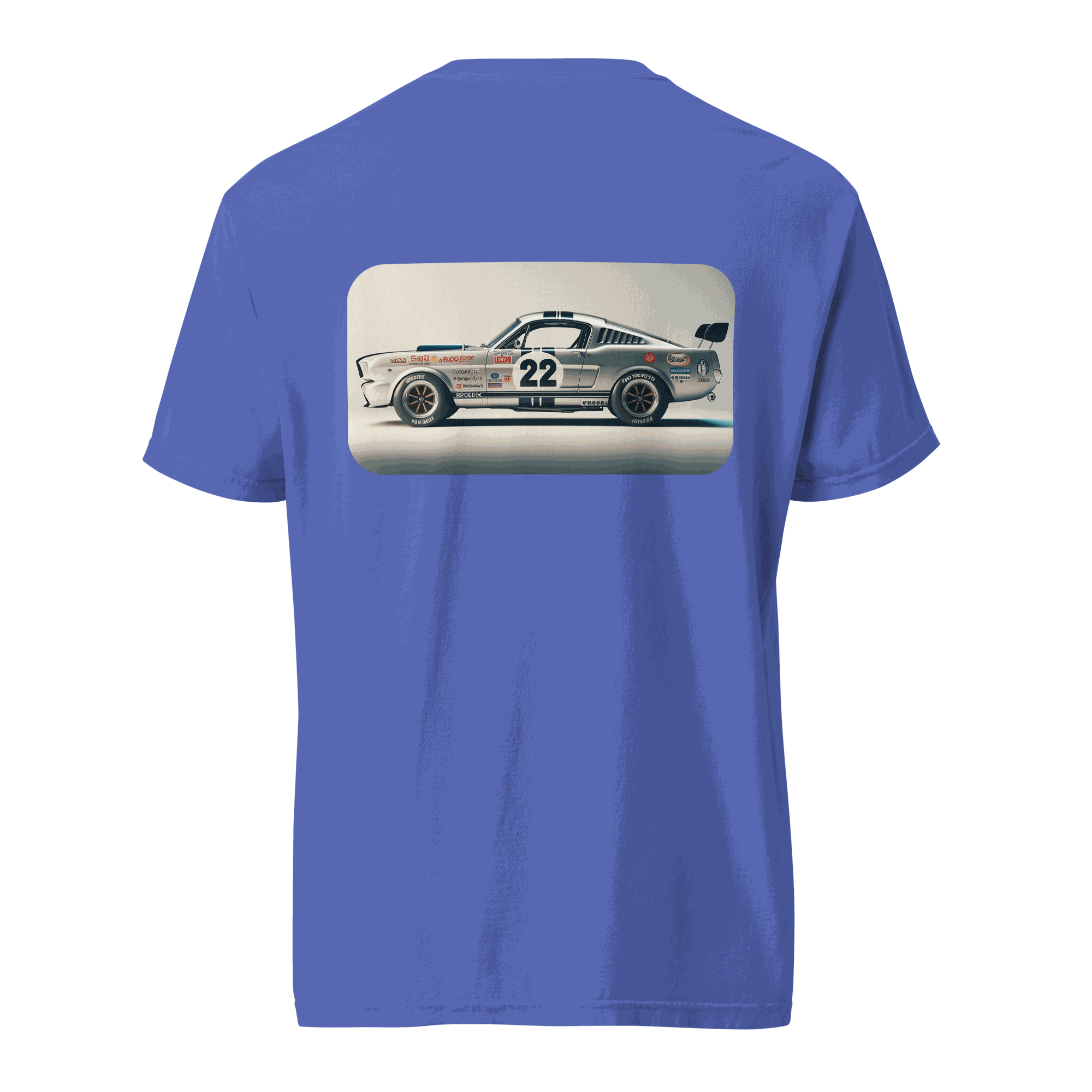 Heritage Mustang Back T-Shirt in blue with vintage car graphic on back, 100% ring-spun cotton, heavyweight and breathable