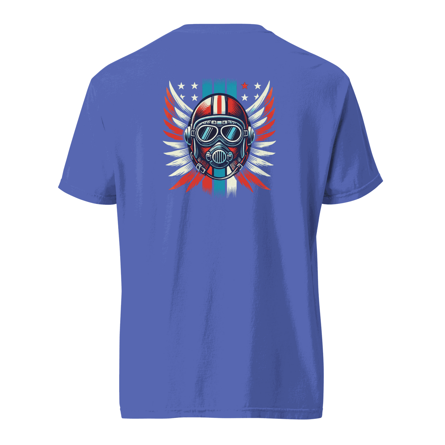 Blue t-shirt with Red White Blue Helmet graphic and wing design on back, unisex cotton tee