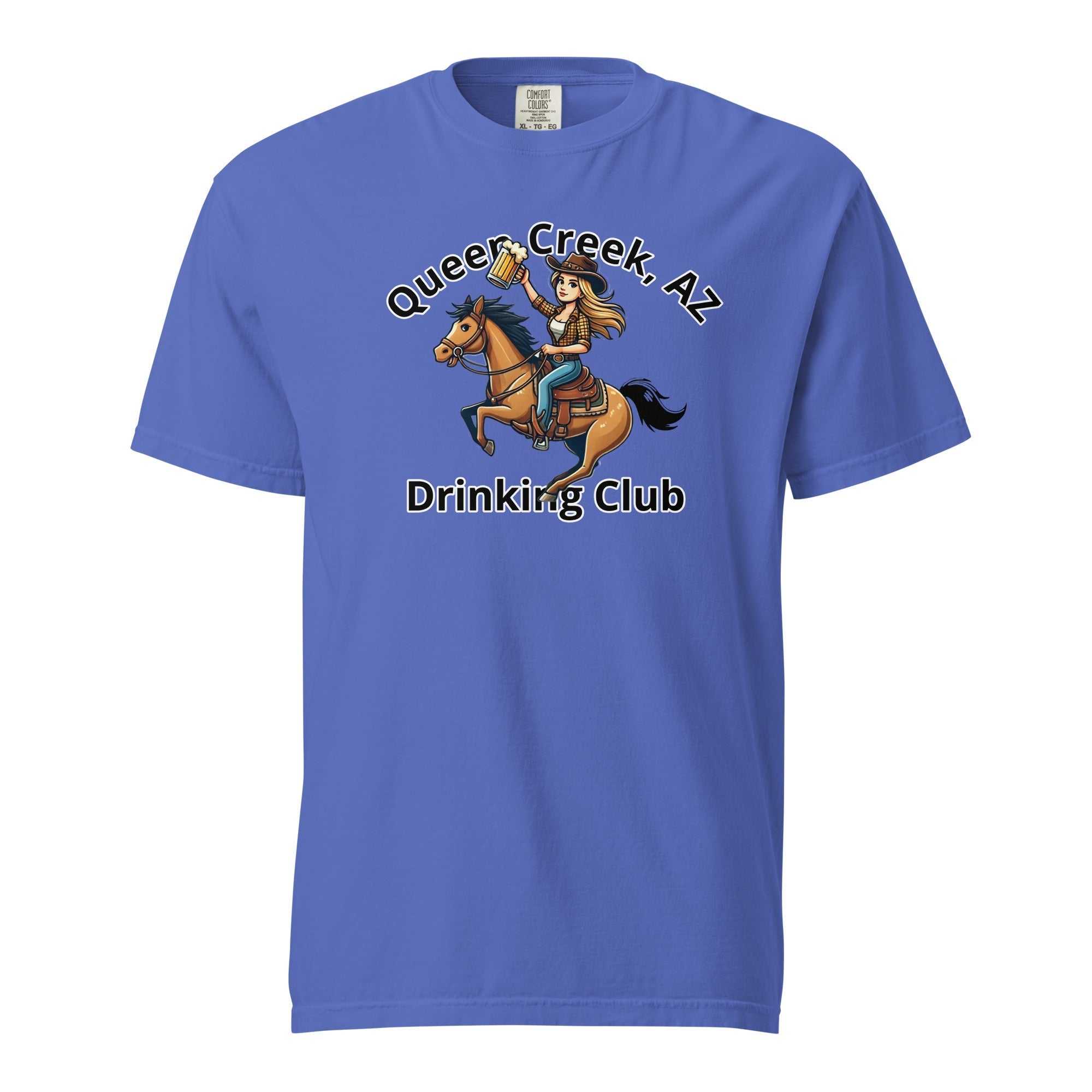 Blue Queen Creek AZ Cowgirl Drinking Club unisex heavyweight cotton t-shirt with cowboy riding horse graphic