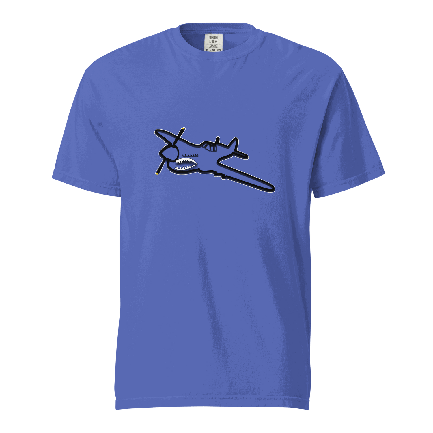 Fighter SP unisex heavyweight blue t-shirt with airplane graphic, 100% ring-spun cotton, relaxed fit, breathable and durable design
