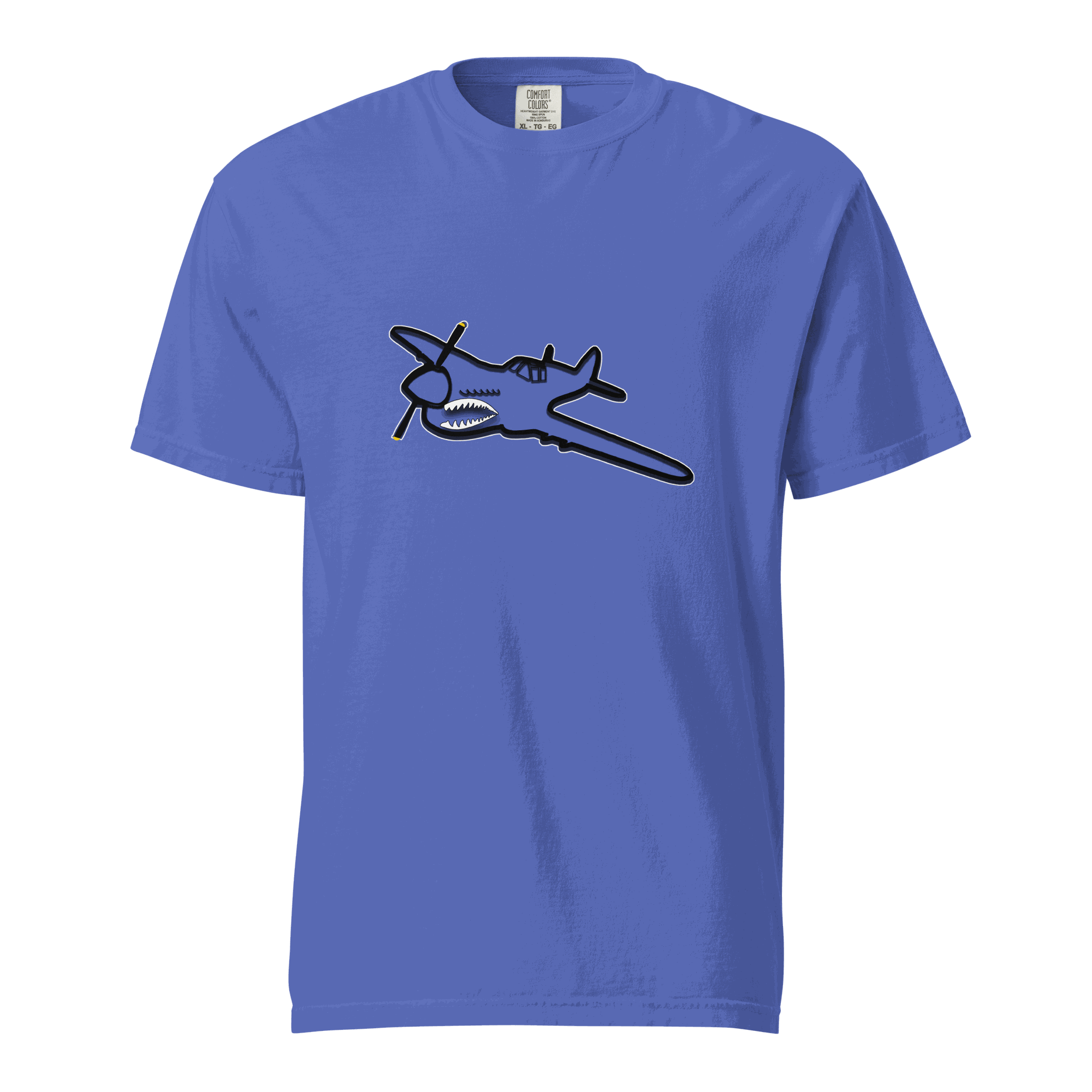 Fighter SP unisex heavyweight blue t-shirt with airplane graphic, 100% ring-spun cotton, relaxed fit, durable stitching