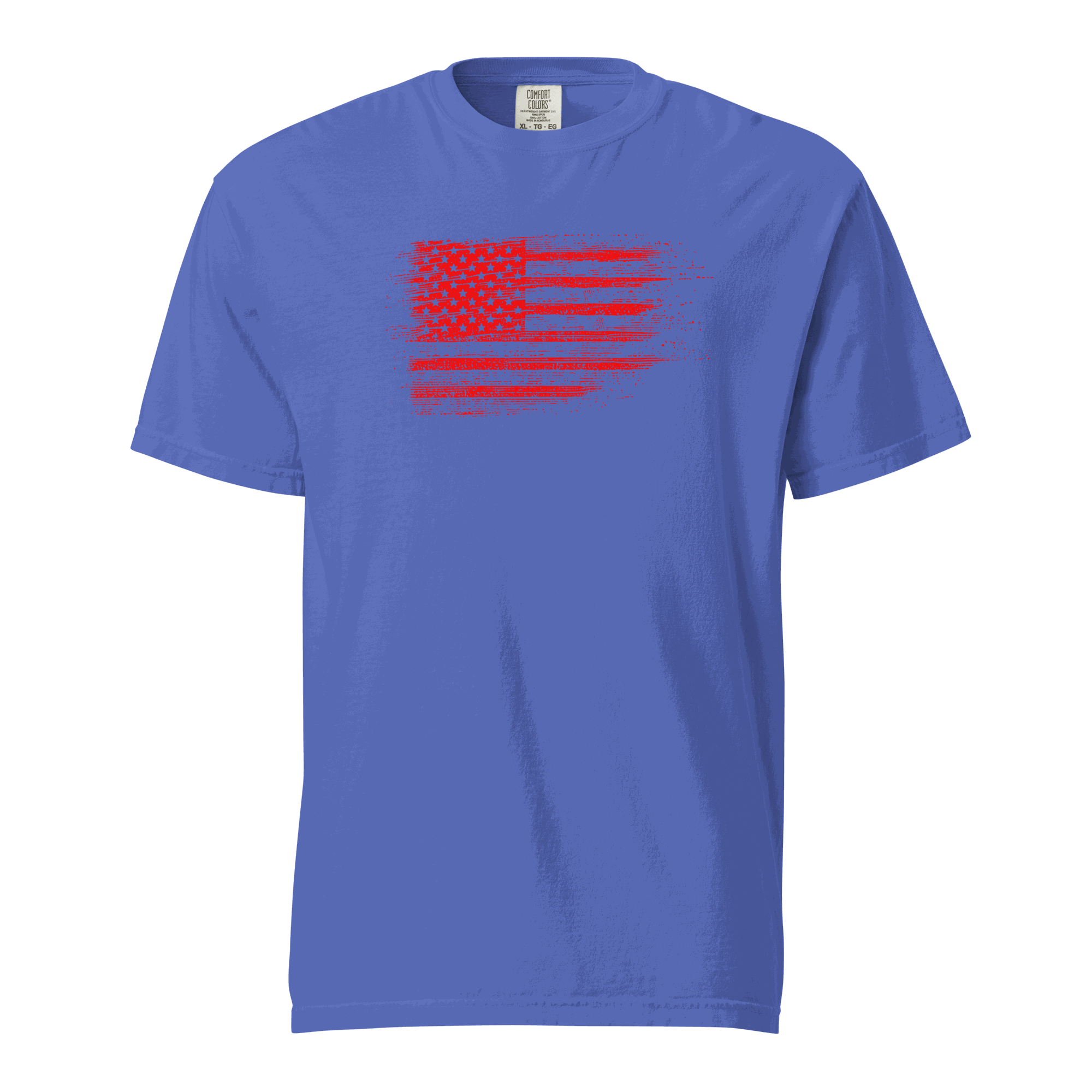Unisex heavyweight t-shirt with distressed USA flag design in red on a blue garment-dyed 100% cotton fabric