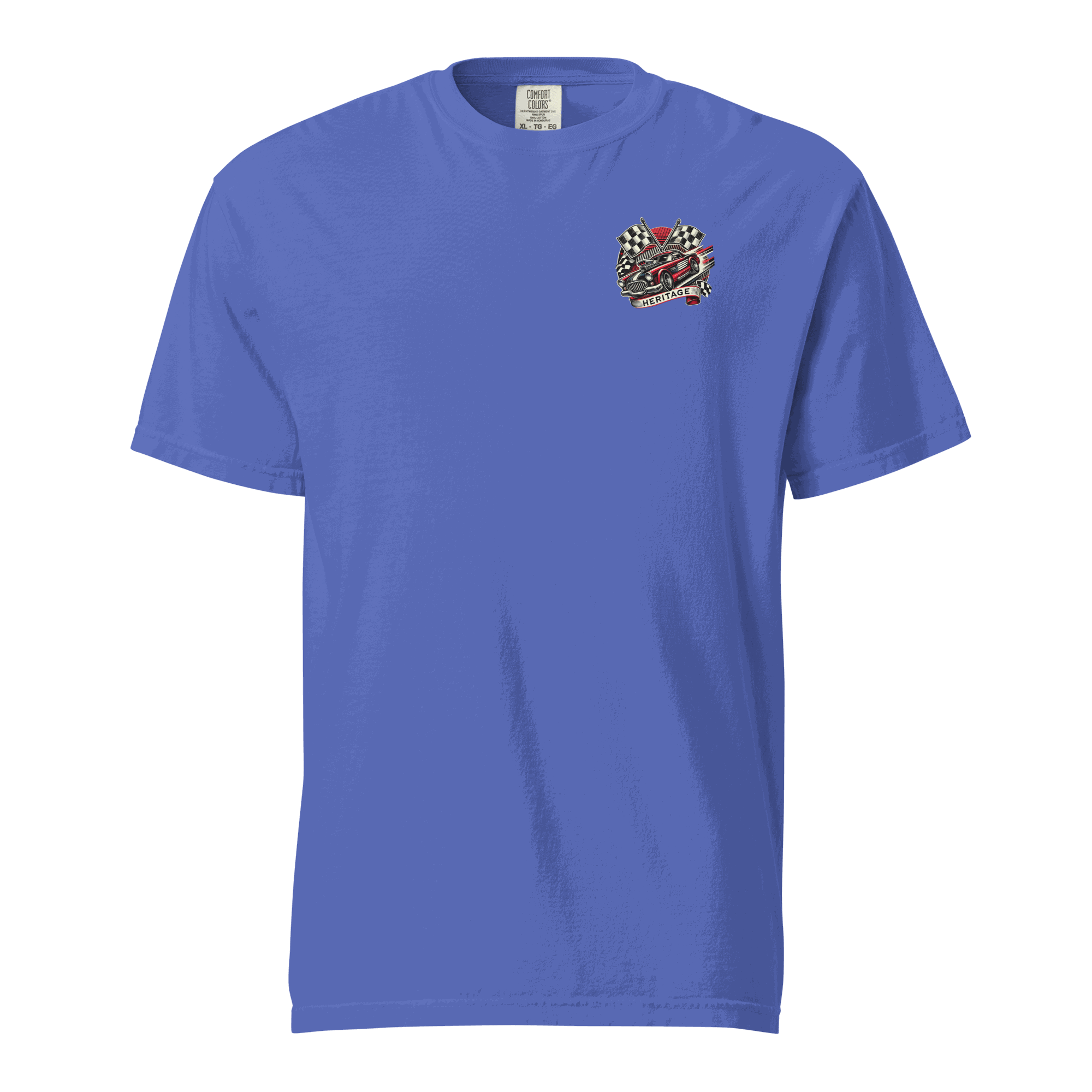 Blue Heritage Classic Car t-shirt with vintage car and checkered flags design, 100% cotton, unisex fit