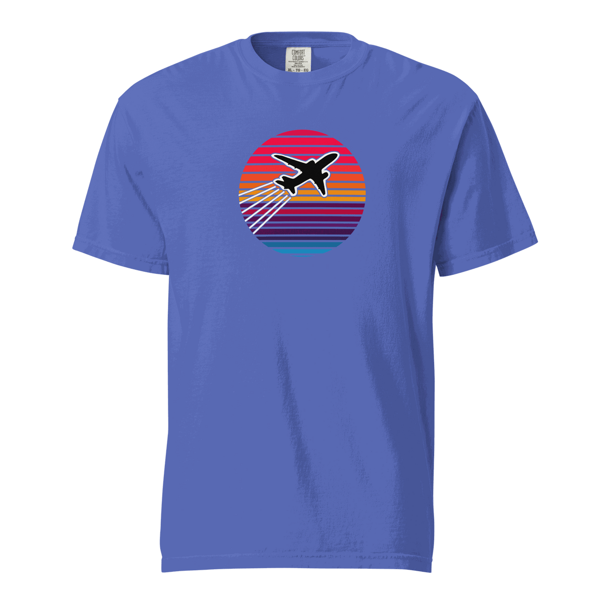 Sunset Flight unisex garment-dyed heavyweight t-shirt with airplane graphic and sunset stripes on blue cotton fabric