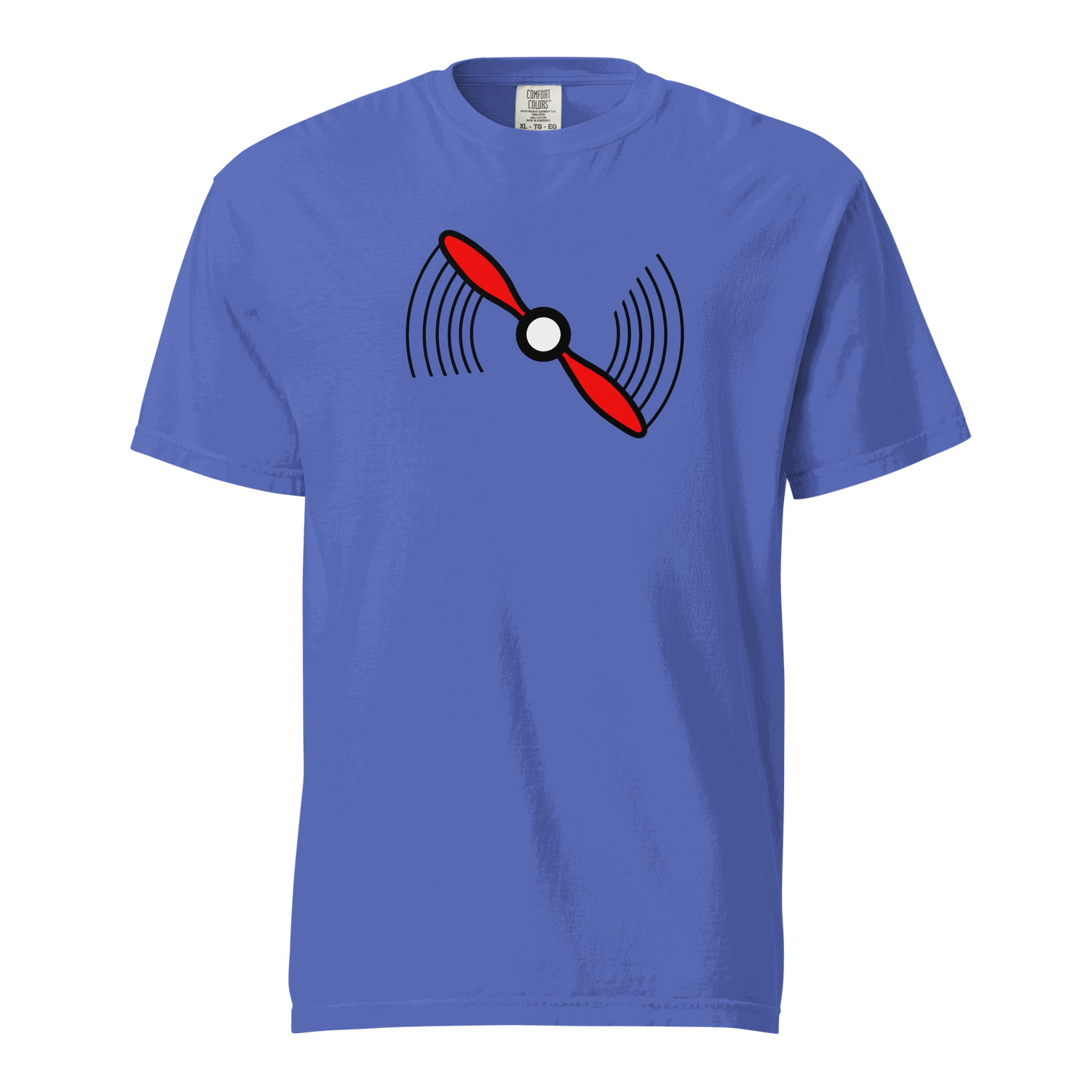 Blue Propeller T-Shirt with red propeller graphic, 100% ring-spun cotton, heavyweight and breathable design