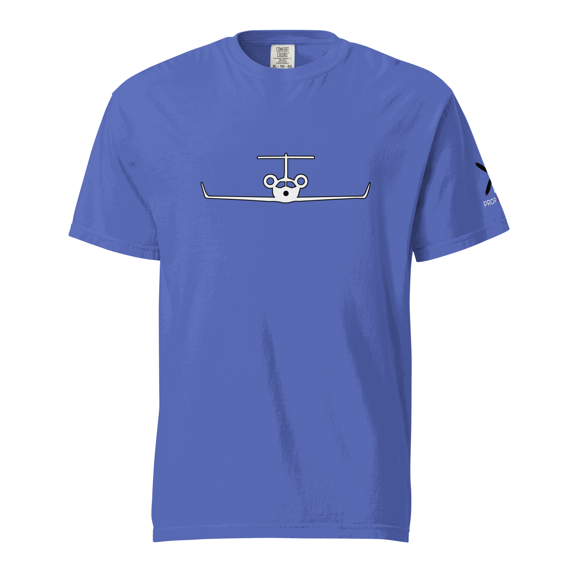 Blue Private Jet unisex heavyweight t-shirt with airplane graphic, 100% ring-spun cotton, relaxed fit, durable stitching