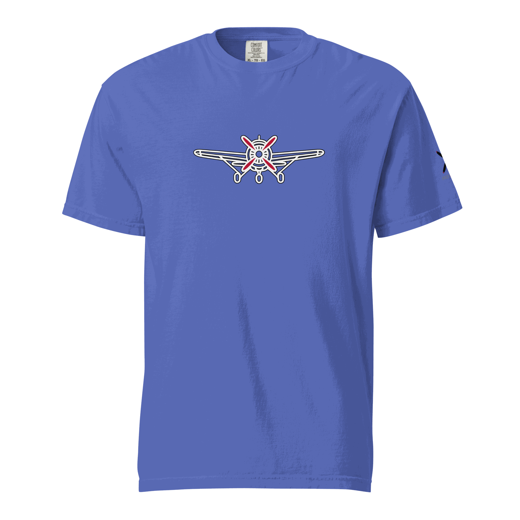 Plane 5 thick structured tee in blue with airplane graphic, made of 100% ring-spun cotton, breathable and durable.