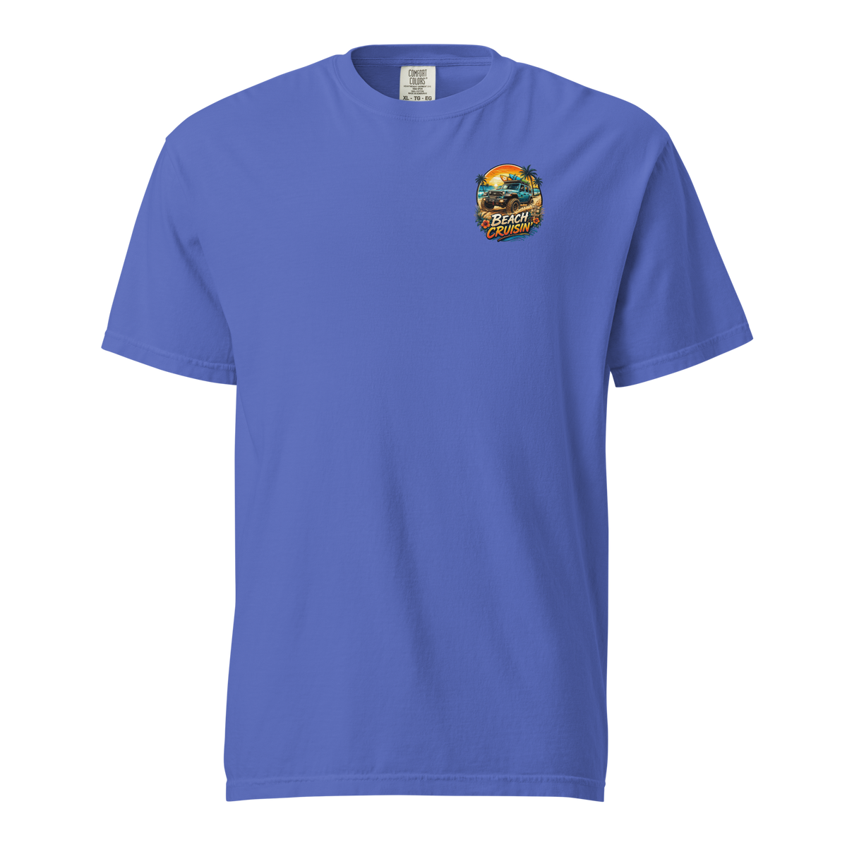 Unisex beach cruisin t-shirt in blue color featuring a colorful beach graphic on the front.
