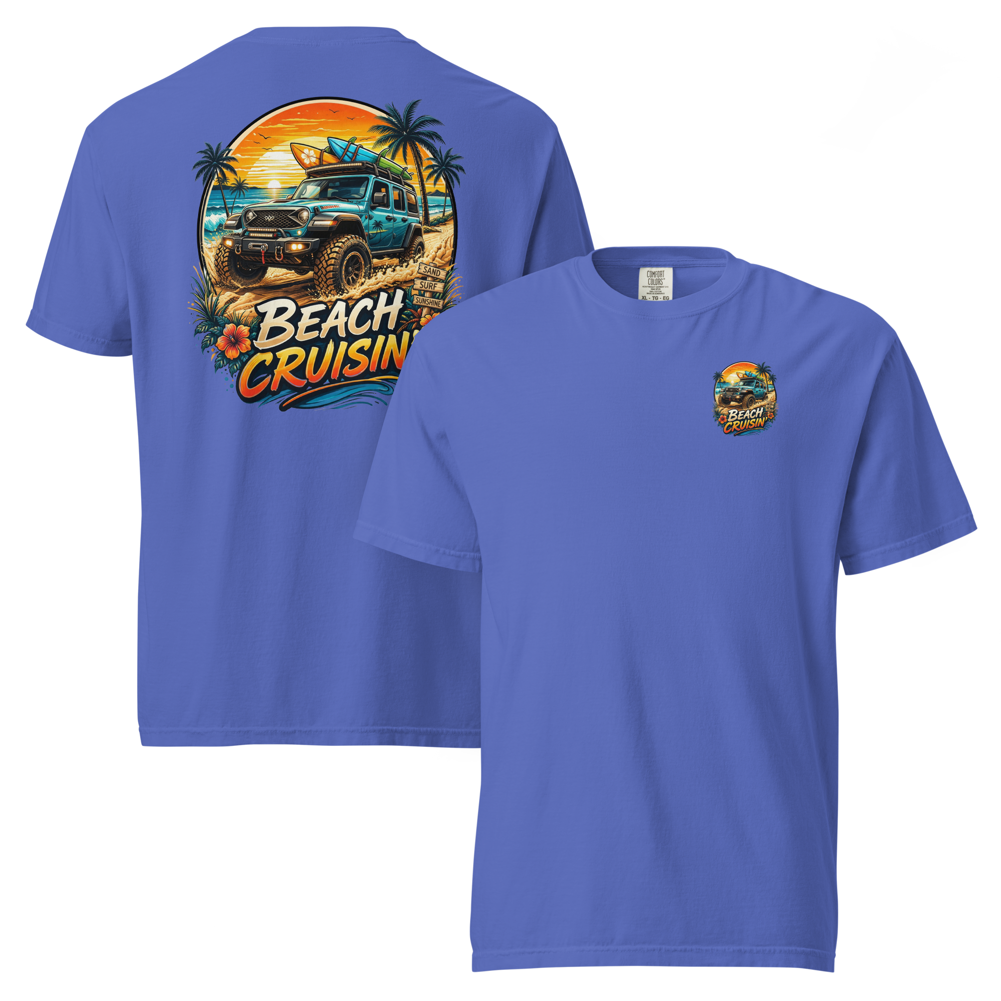 Unisex beach cruisin t-shirt featuring vibrant beach graphics and relaxed fit in blue