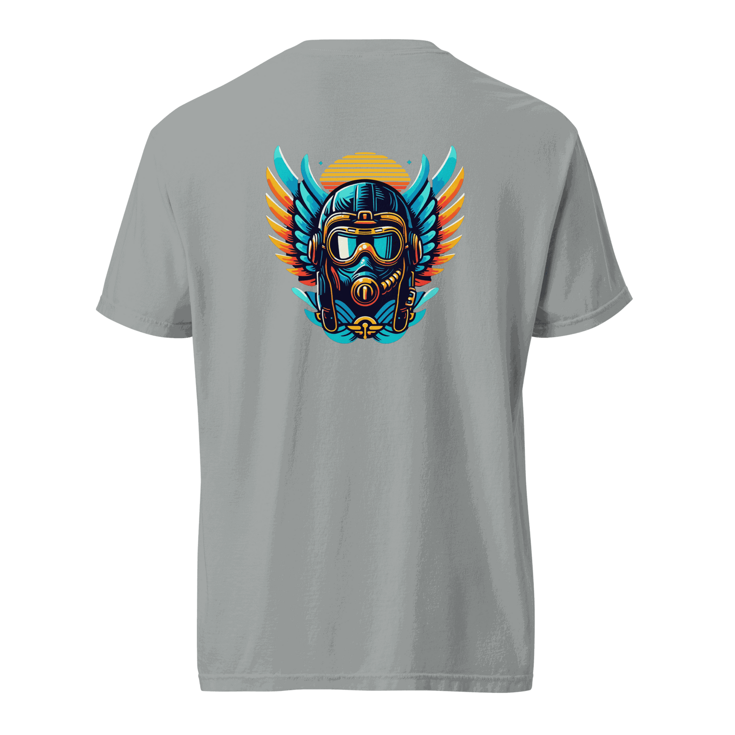 Gray t-shirt with blue and orange flight helmet graphic on back