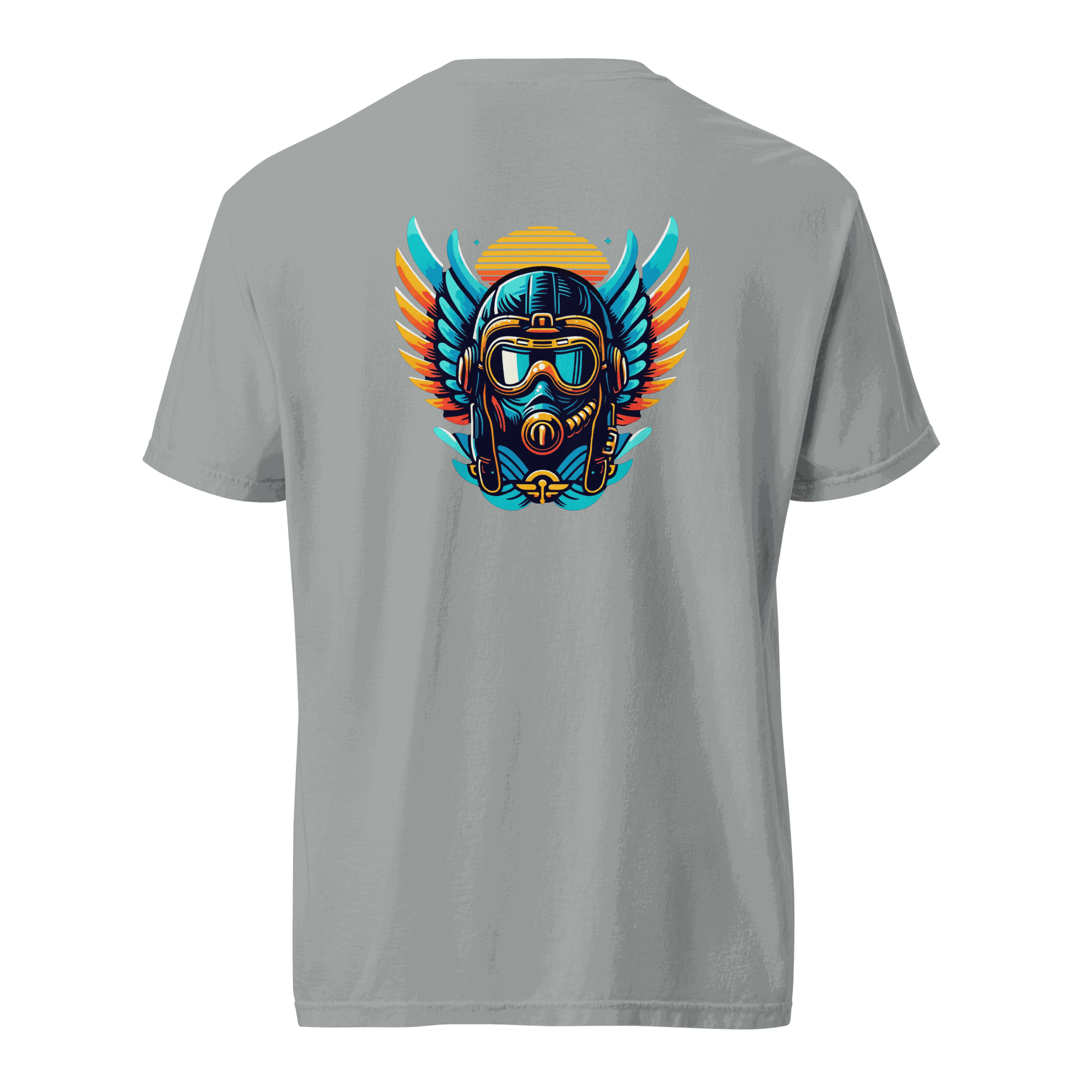 Flight airplane t-shirt in gray with colorful blue and orange flight helmet graphic on back