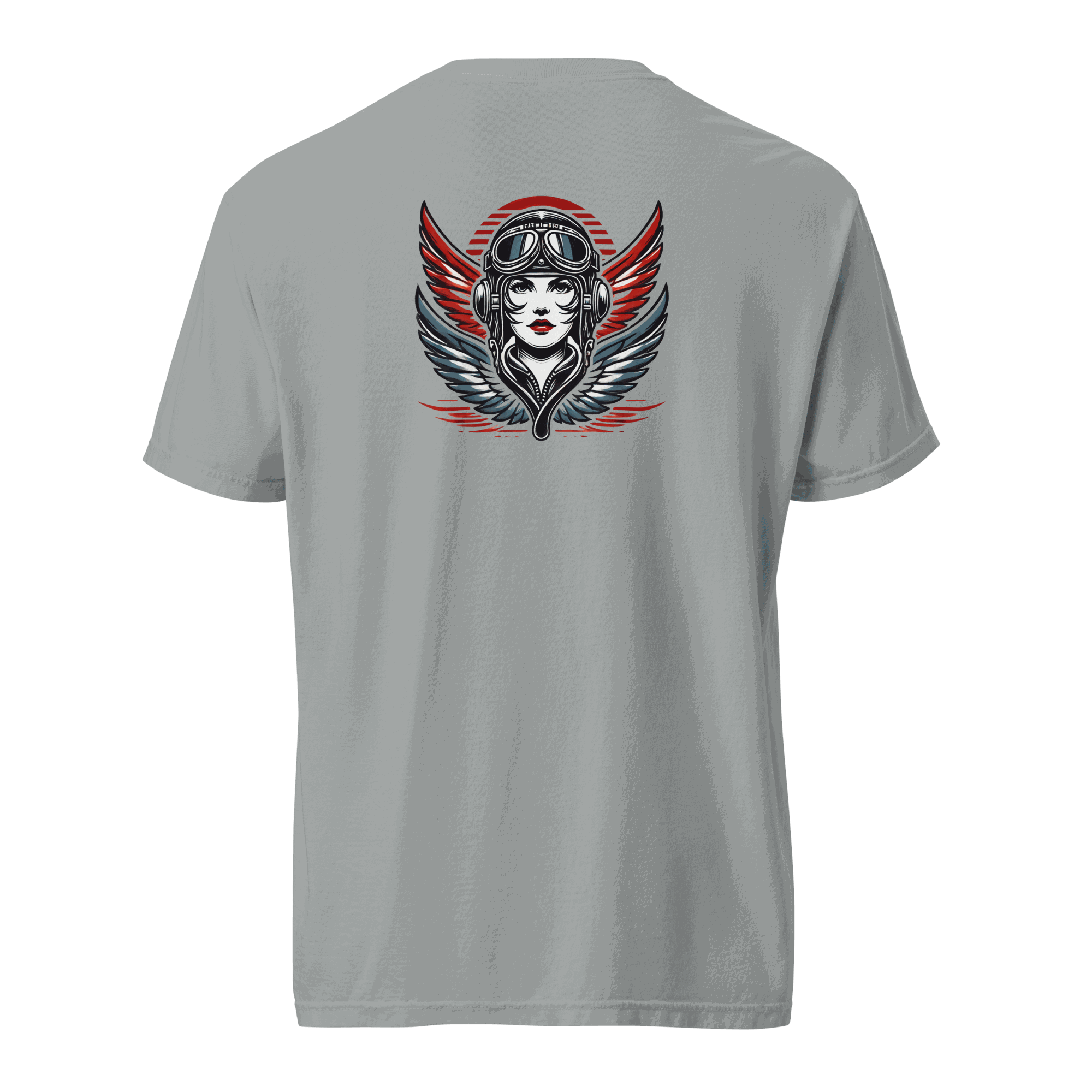 Grey t-shirt with female wings helmet graphic design on back, made of 100% ring-spun cotton, relaxed fit