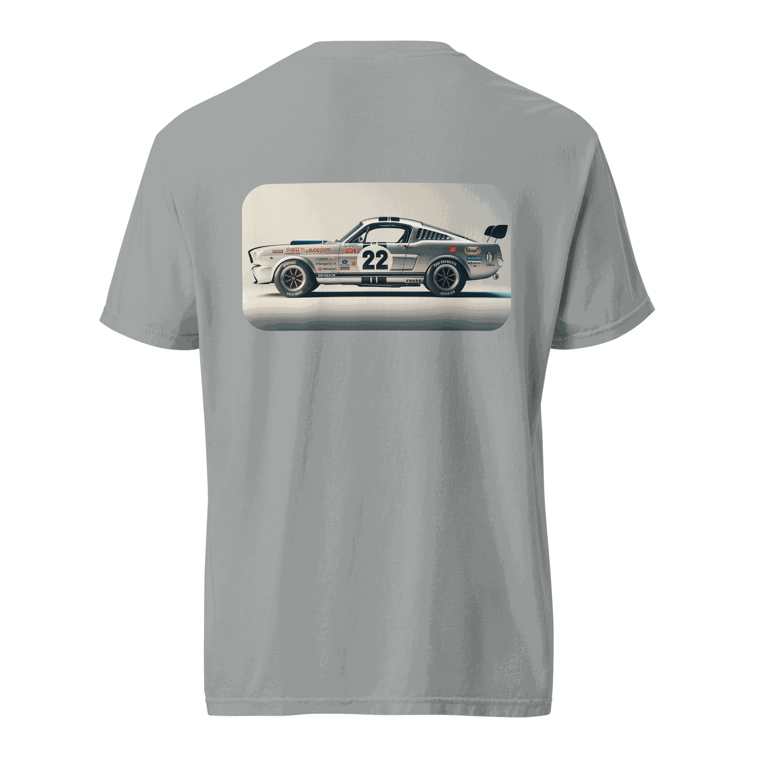 Heritage Mustang Back unisex heavyweight cotton t-shirt with vintage race car print on back