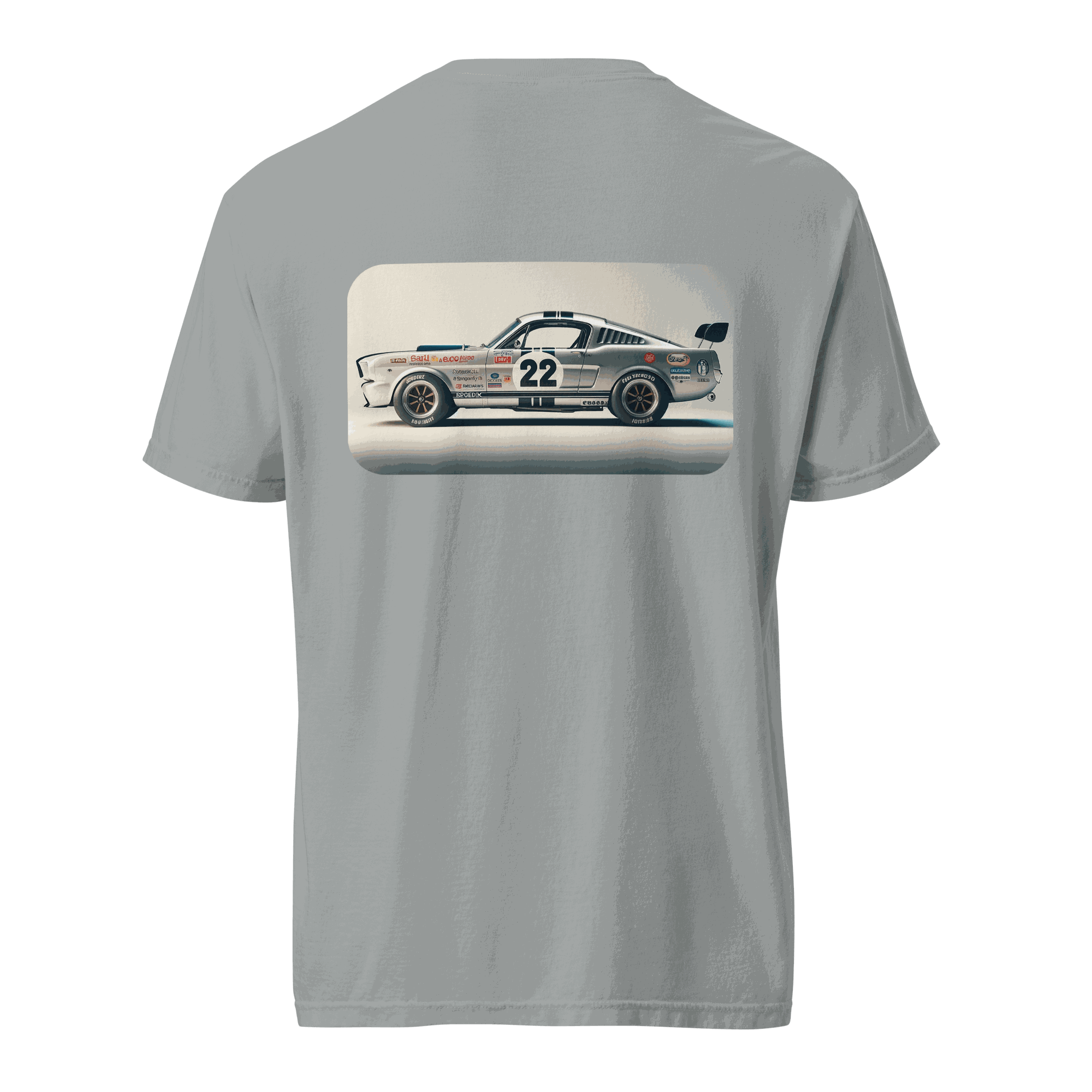 Grey Heritage Mustang Back T-shirt featuring classic race car graphic on the back, made of 100% ring-spun cotton with durable stitching.