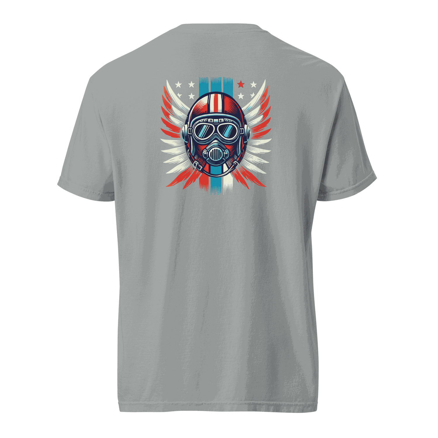 Gray t-shirt featuring a red white blue helmet graphic with wings and stars on the back