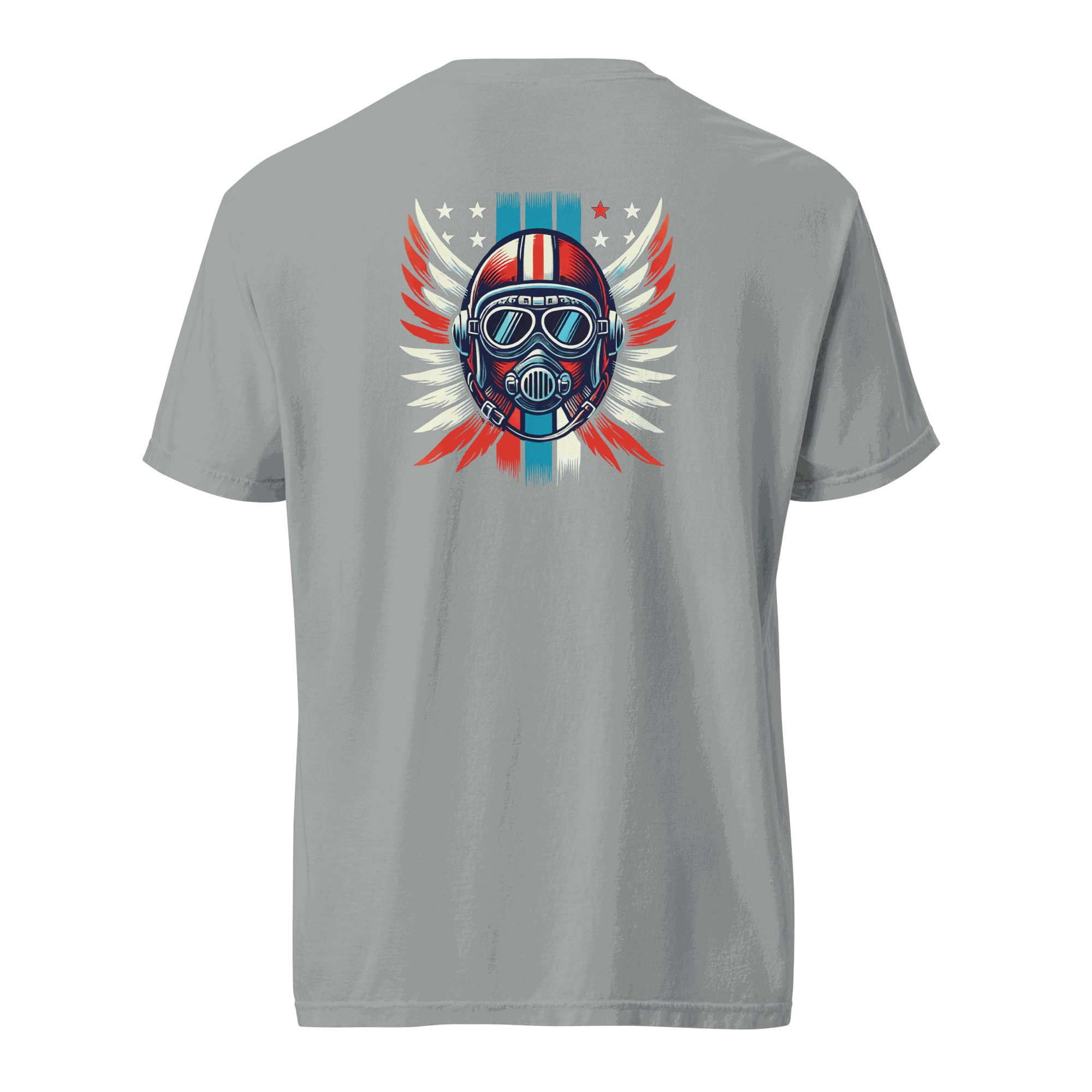 Grey t-shirt with red, white, and blue helmet graphic and wings on back, made of 100% ring-spun cotton, unisex fit