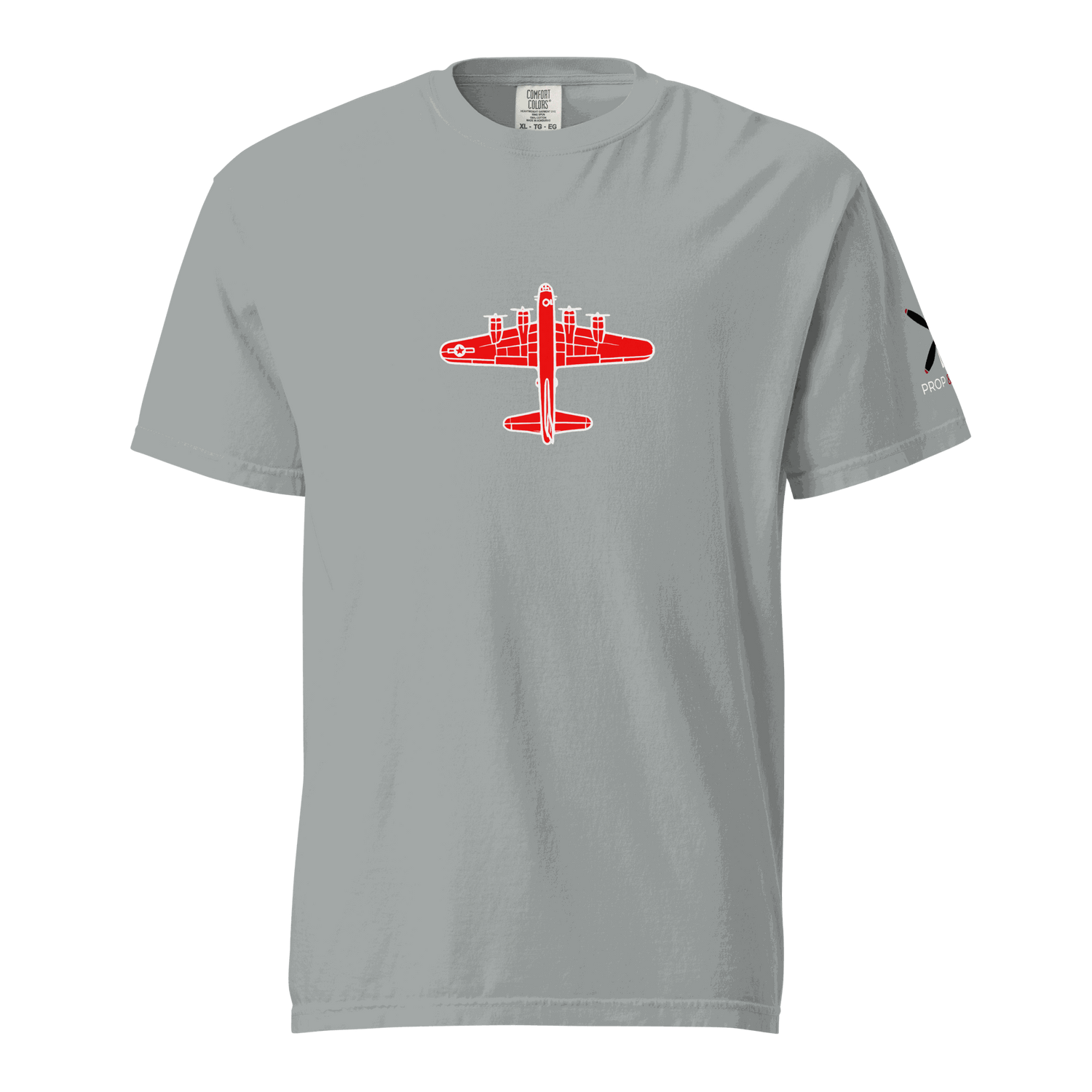 WW2 T-shirt Gray unisex thick structured tee with red bomber airplane graphic, 100% ring-spun cotton, relaxed fit, and durable stitching