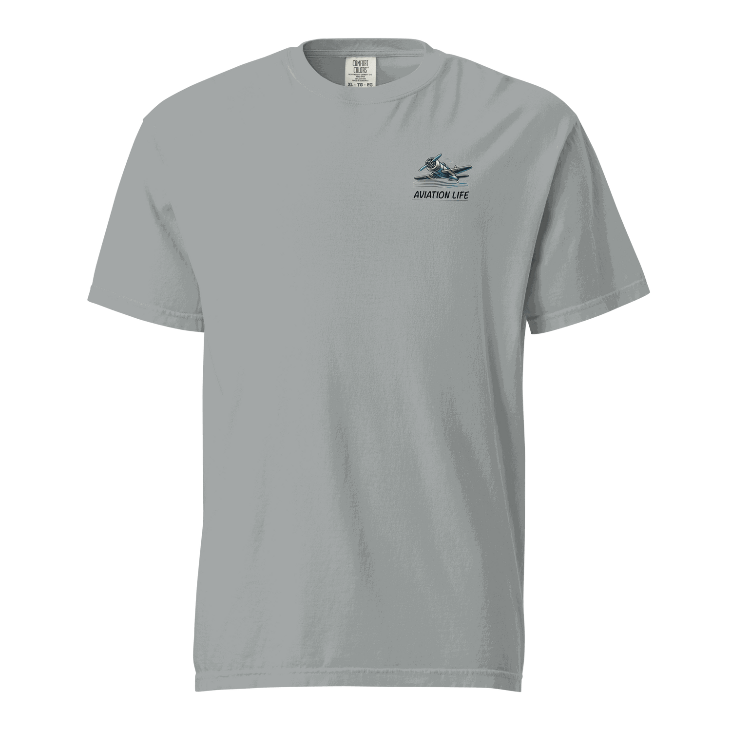 Light grey unisex heavyweight t-shirt with small blue and orange flight helmet graphic and "Aviation Life" text on chest