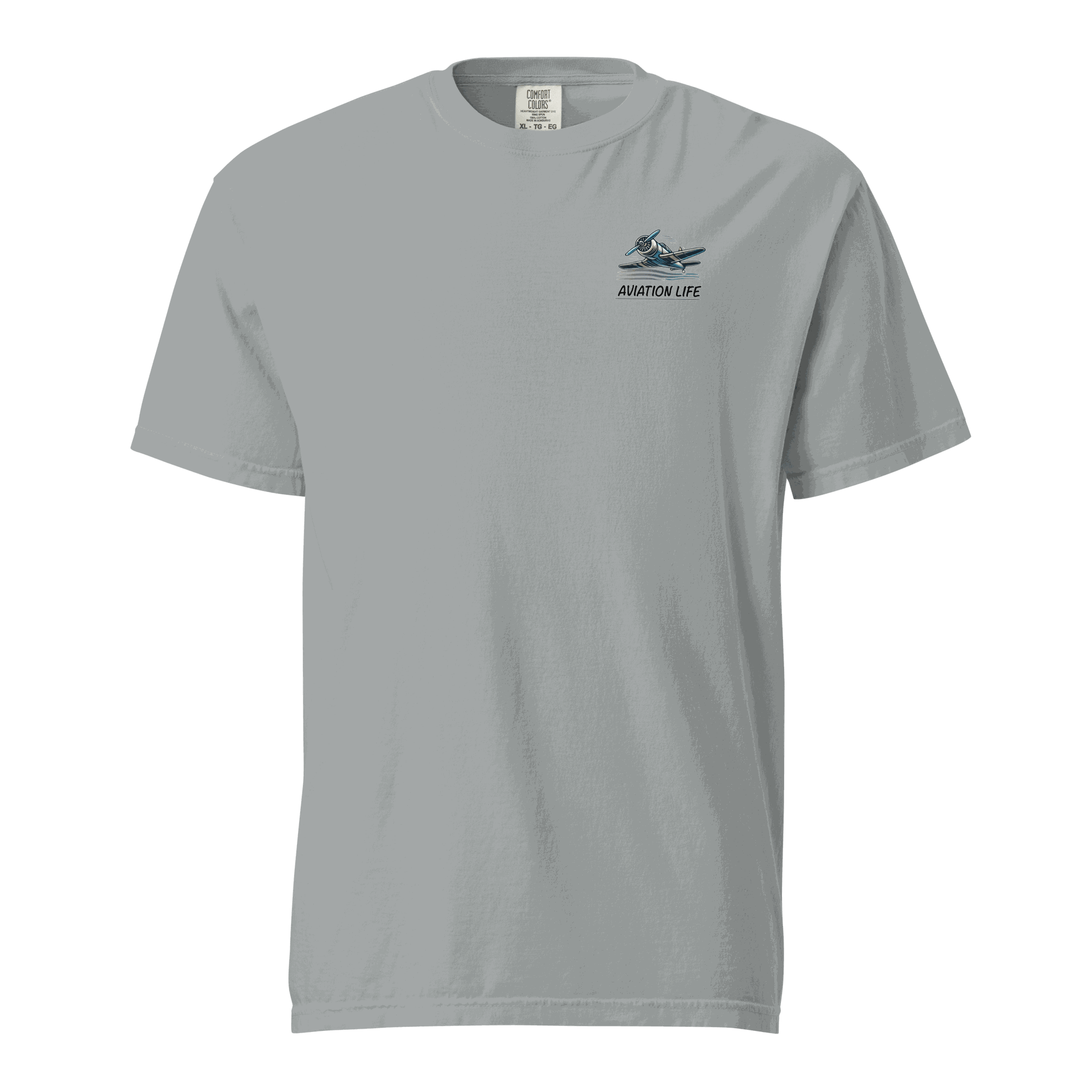 Flight Airplane Unisex heavyweight gray t-shirt with blue and orange flight helmet logo and "Aviation Life" text