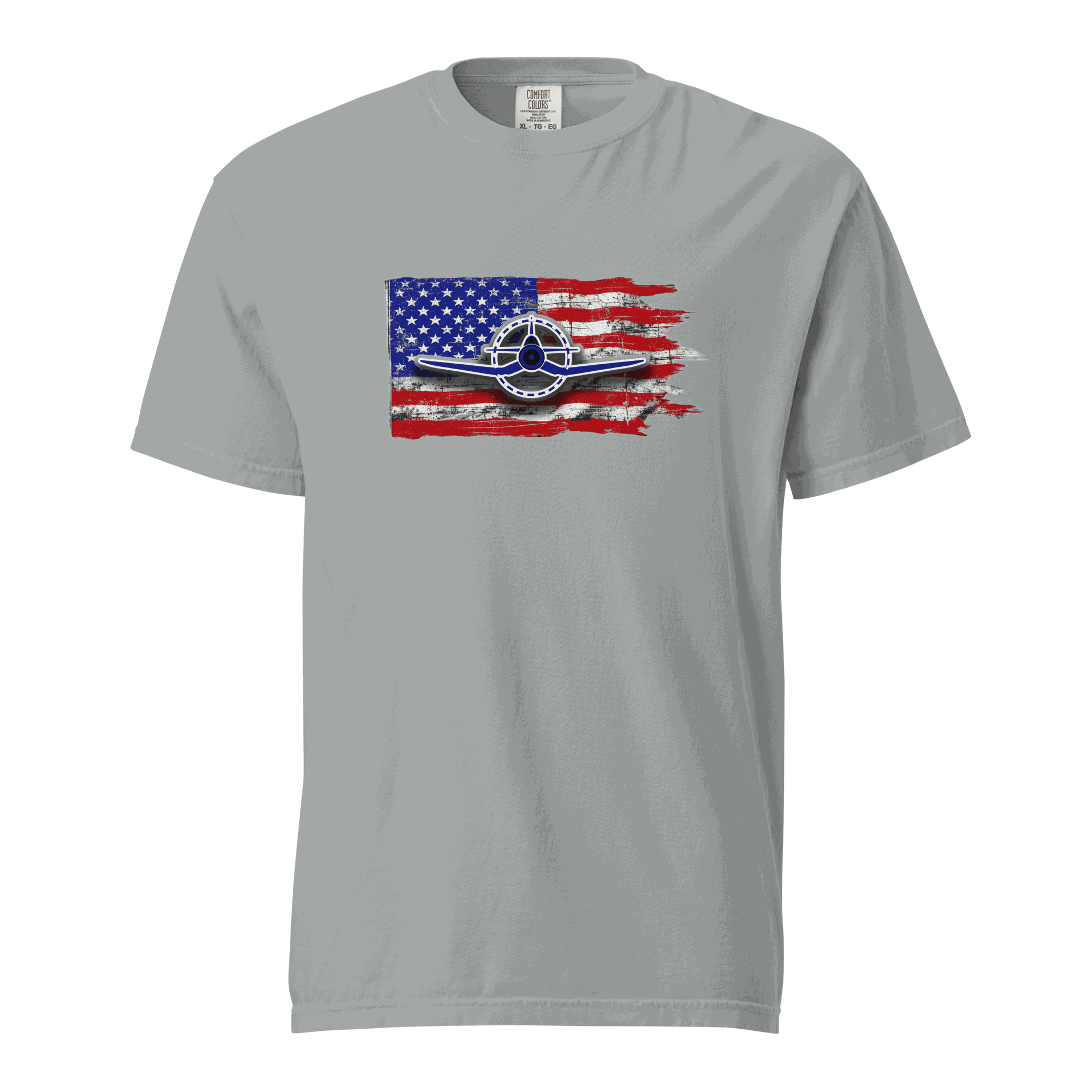 F4U Corsair heavyweight tee Lovers featuring American flag design and silhouette of the Corsair aircraft on a gray tee.