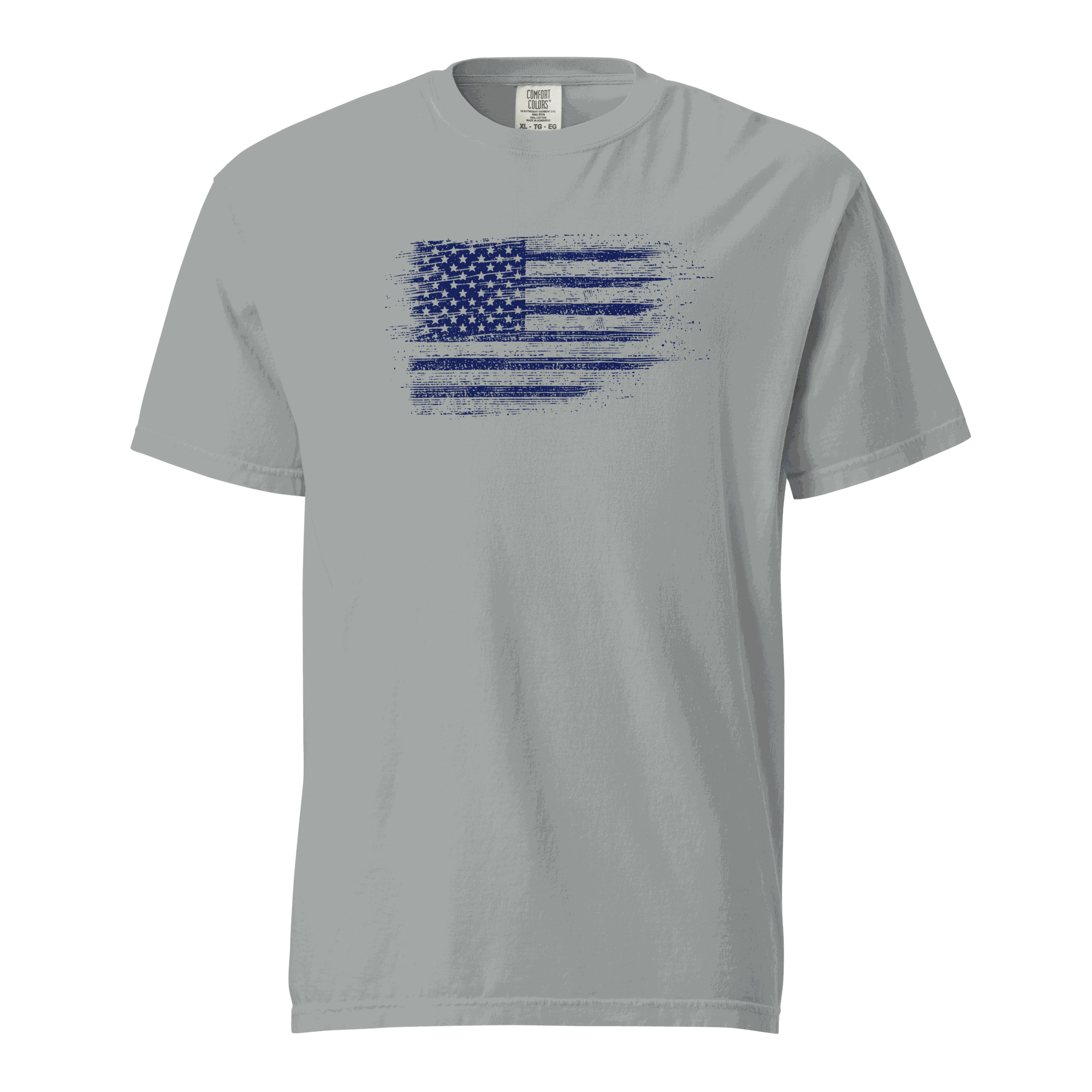 Unisex heavyweight t-shirt with distressed USA flag print, garment-dyed 100% ring-spun cotton, relaxed fit