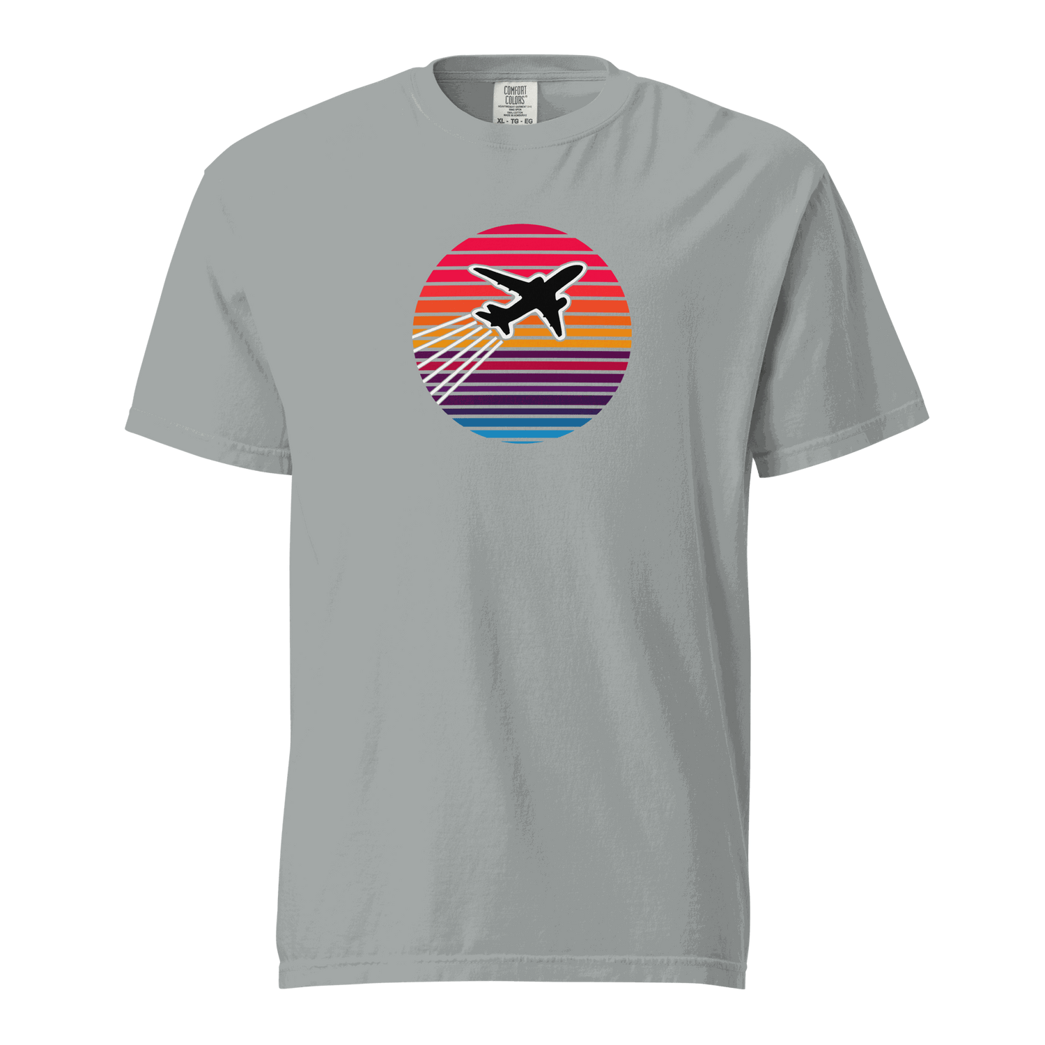 Sunset Flight unisex grey heavyweight t-shirt with colorful sunset and airplane graphic