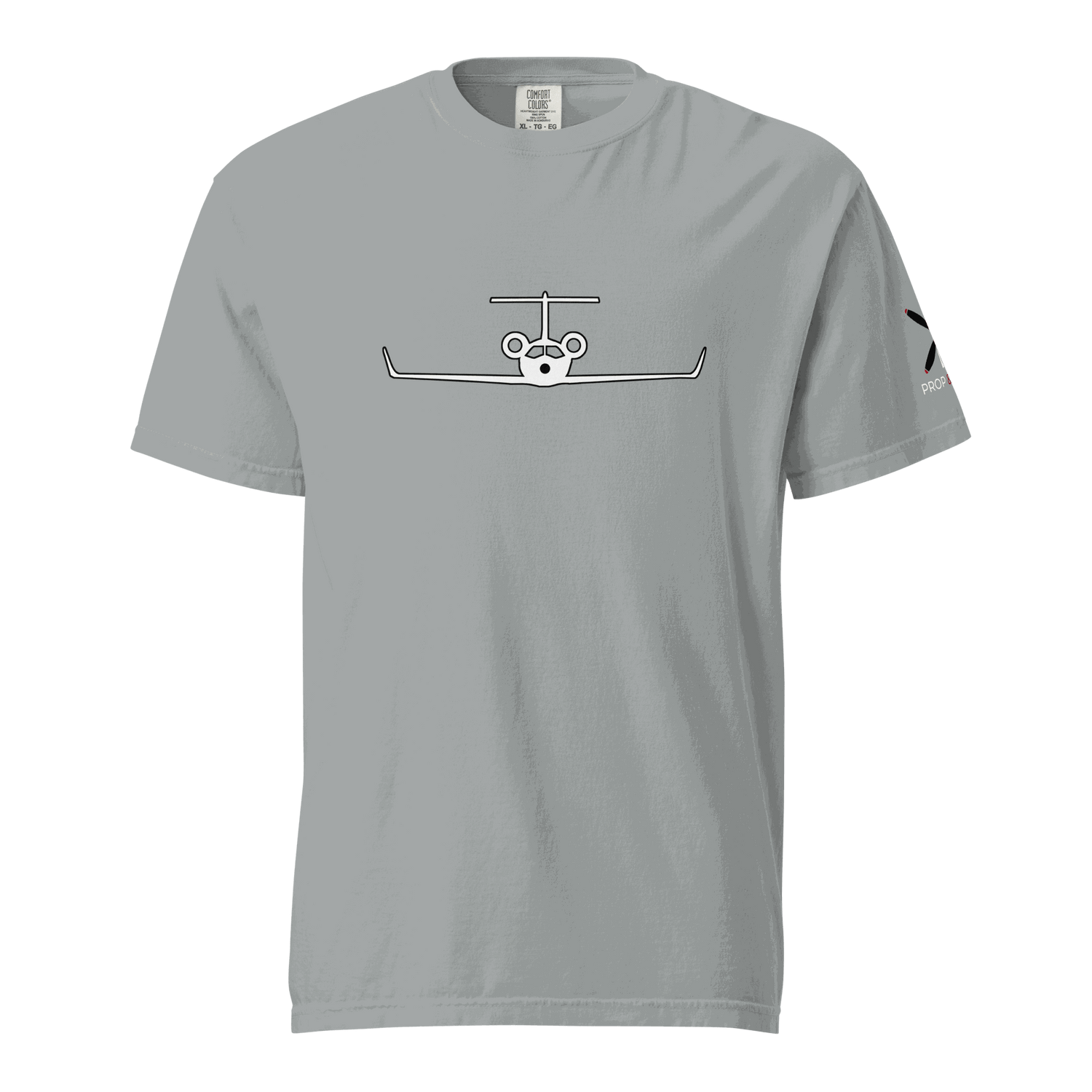 Gray unisex heavyweight cotton t-shirt with minimalist private jet front graphic and logo on sleeve