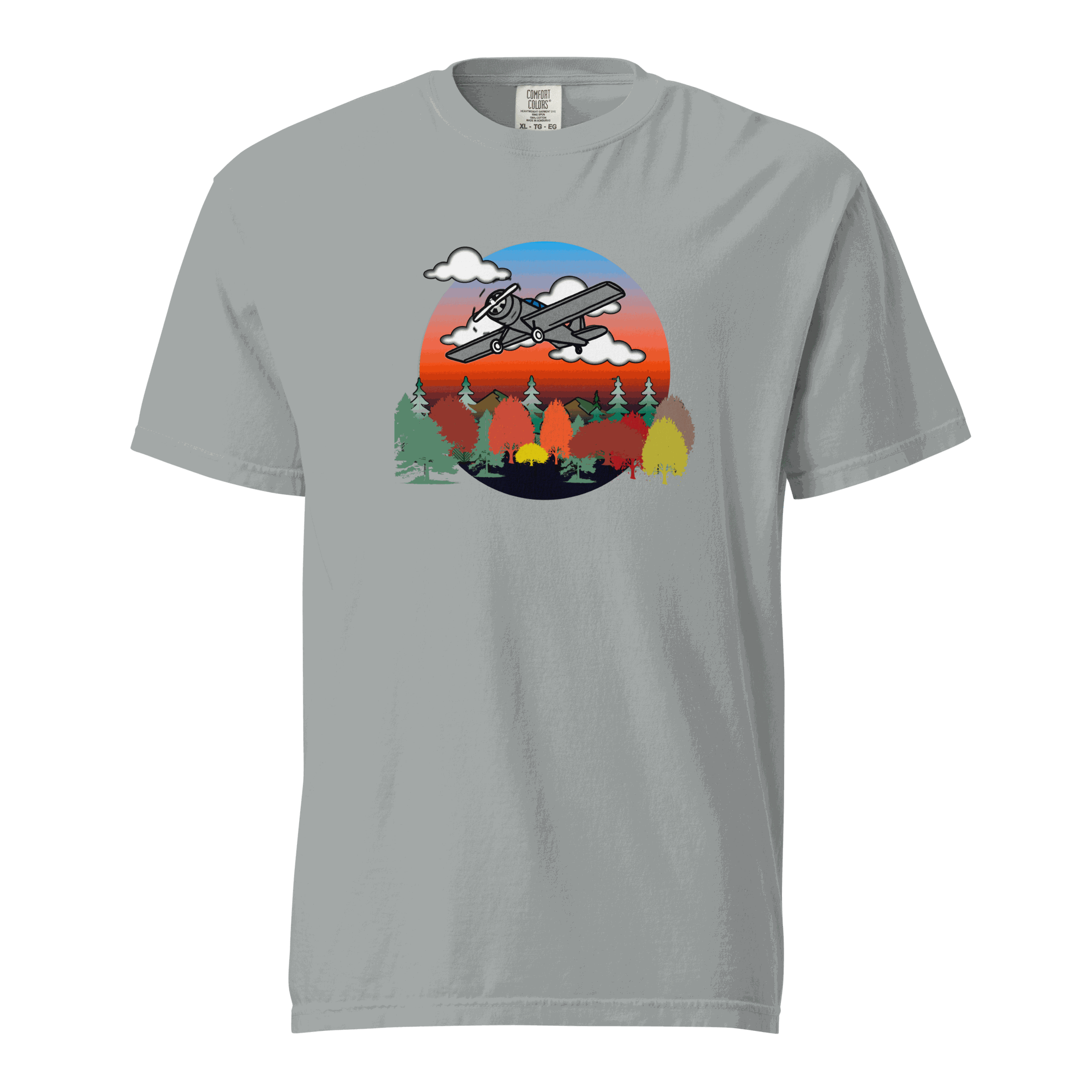 Unisex grey plane t-shirt with autumn forest and sunset graphic design