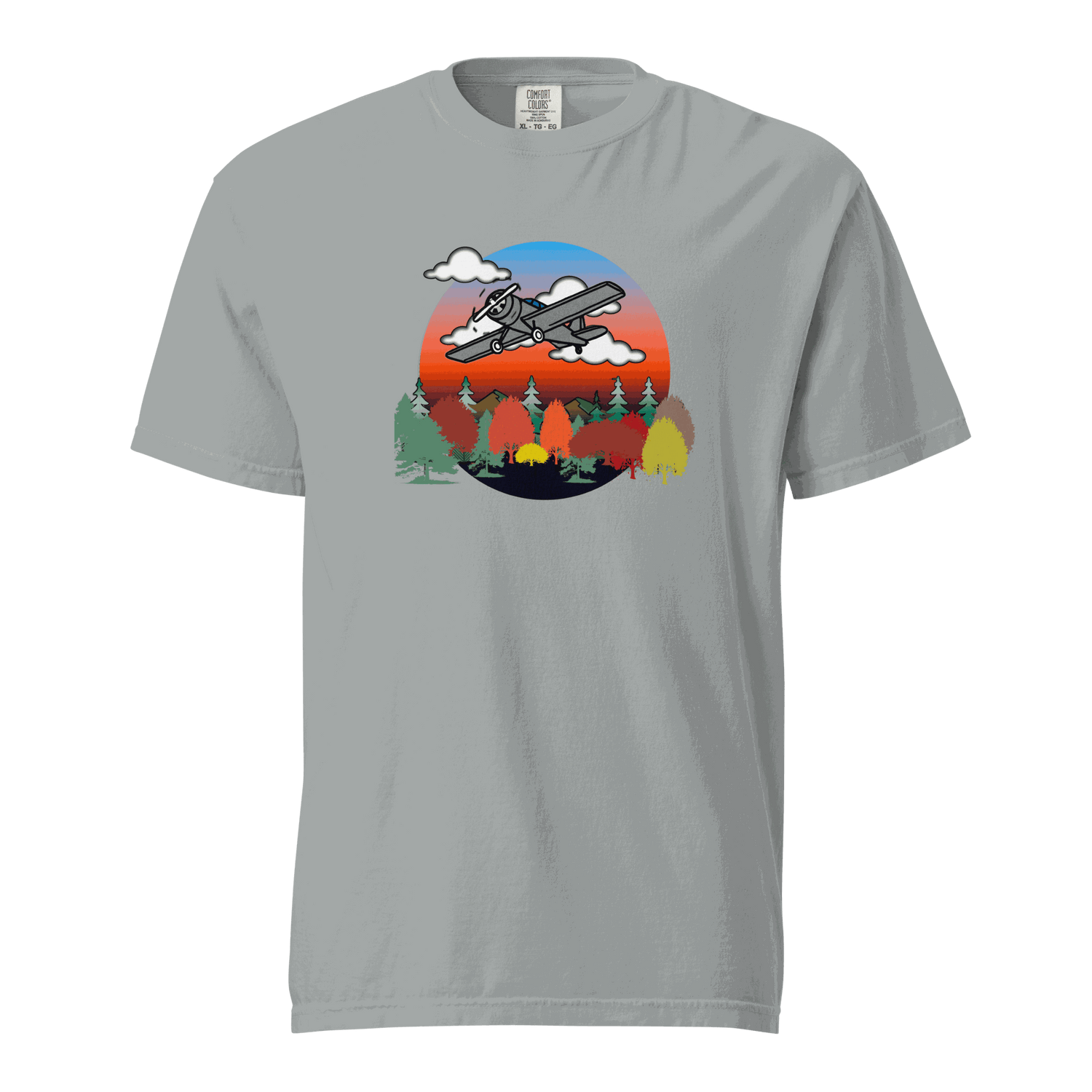 Unisex grey plane t-shirt with autumn forest and sunset graphic design