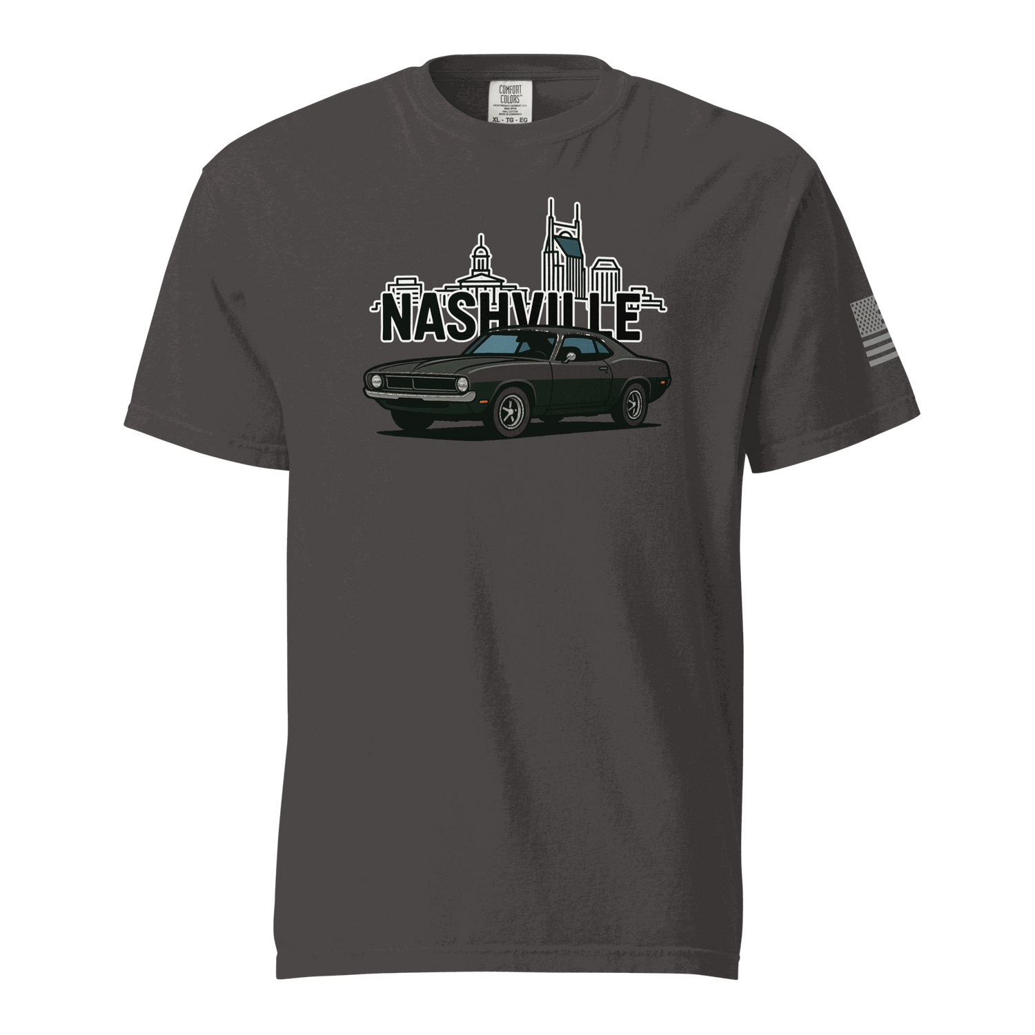 Nashville classic car t-shirt featuring a stylish car graphic and Nashville skyline in the background.